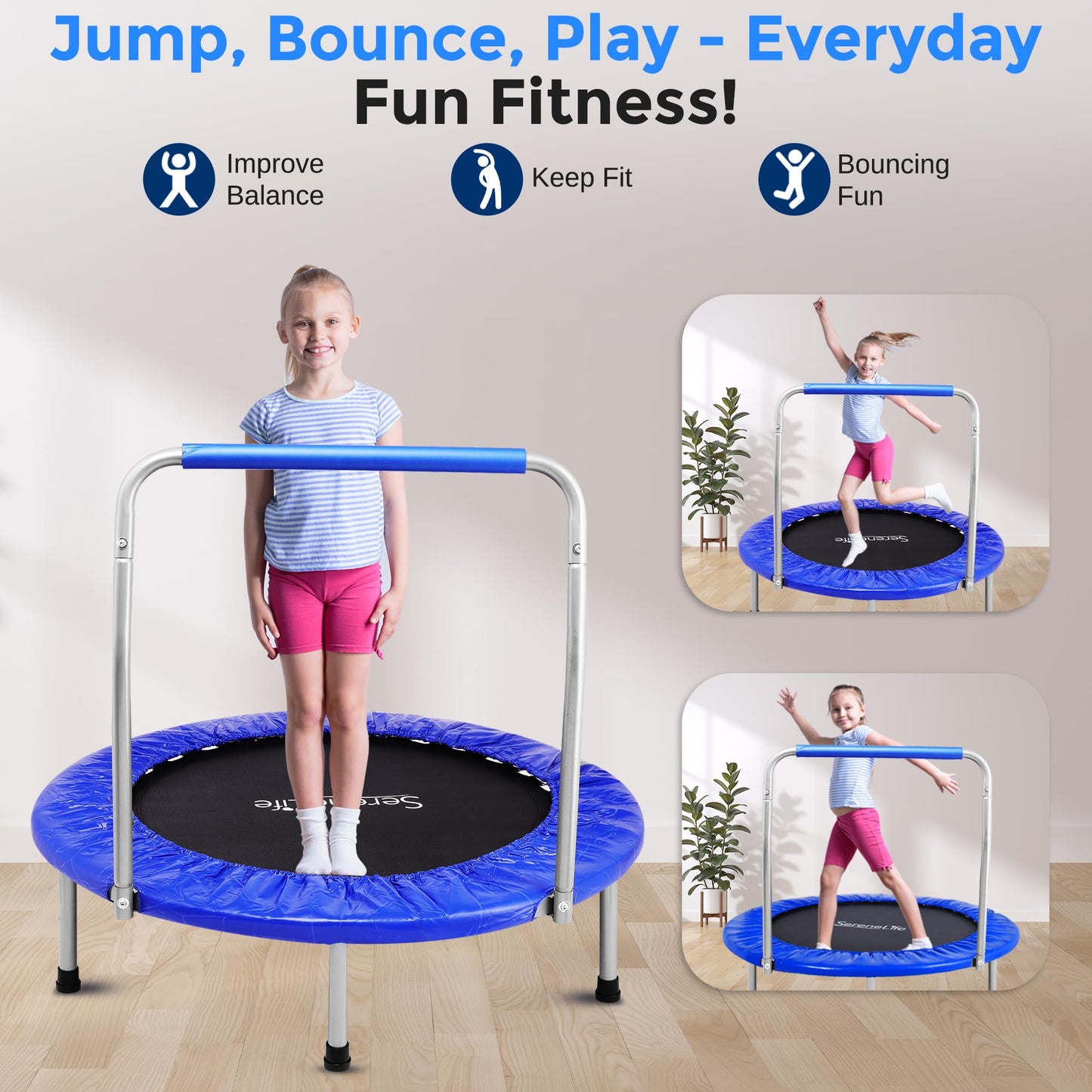SereneLife 36" Mini Foldable Toddler Trampoline with Handle Bar, Rebounder Trampoline for Kids, Indoor/Garden Fitness & Play, Exercise Fun, Supports 220 lbs, Deep Blue