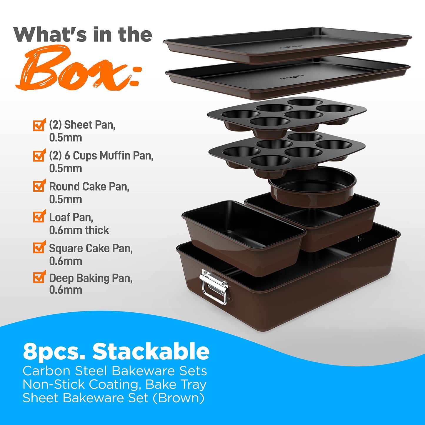 NutriChef 8-Piece Nonstick Stackable Bakeware Set - PFOA, PFOS, PTFE Free Baking Tray Set w/Non-Stick Coating, 450°F Oven Safe, Round Cake, Loaf, Muffin, Wide/Square Pans, Cookie Sheet (Brown)