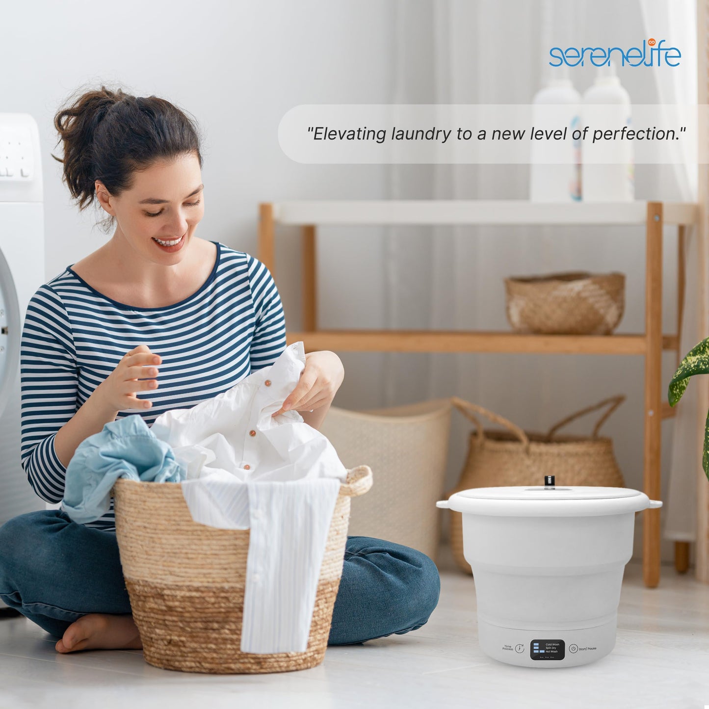SereneLife Portable Mini Washing Machine – Compact, Foldable Washer for Travel, Dorms, and Camping – Semi-Automatic, Energy-Saving Design – Includes Power Cord & Lid Cover, White