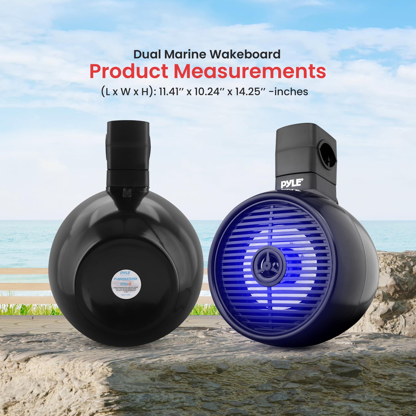 Pyle Bluetooth Waterproof Off-Road Speakers - 8” 300W 2-Way Marine Wakeboard Tower Sound System w/LED Light, Full Range Outdoor Stereo Speaker for Car ATV UTV, Jeep, Boat, Includes Brackets (Black)