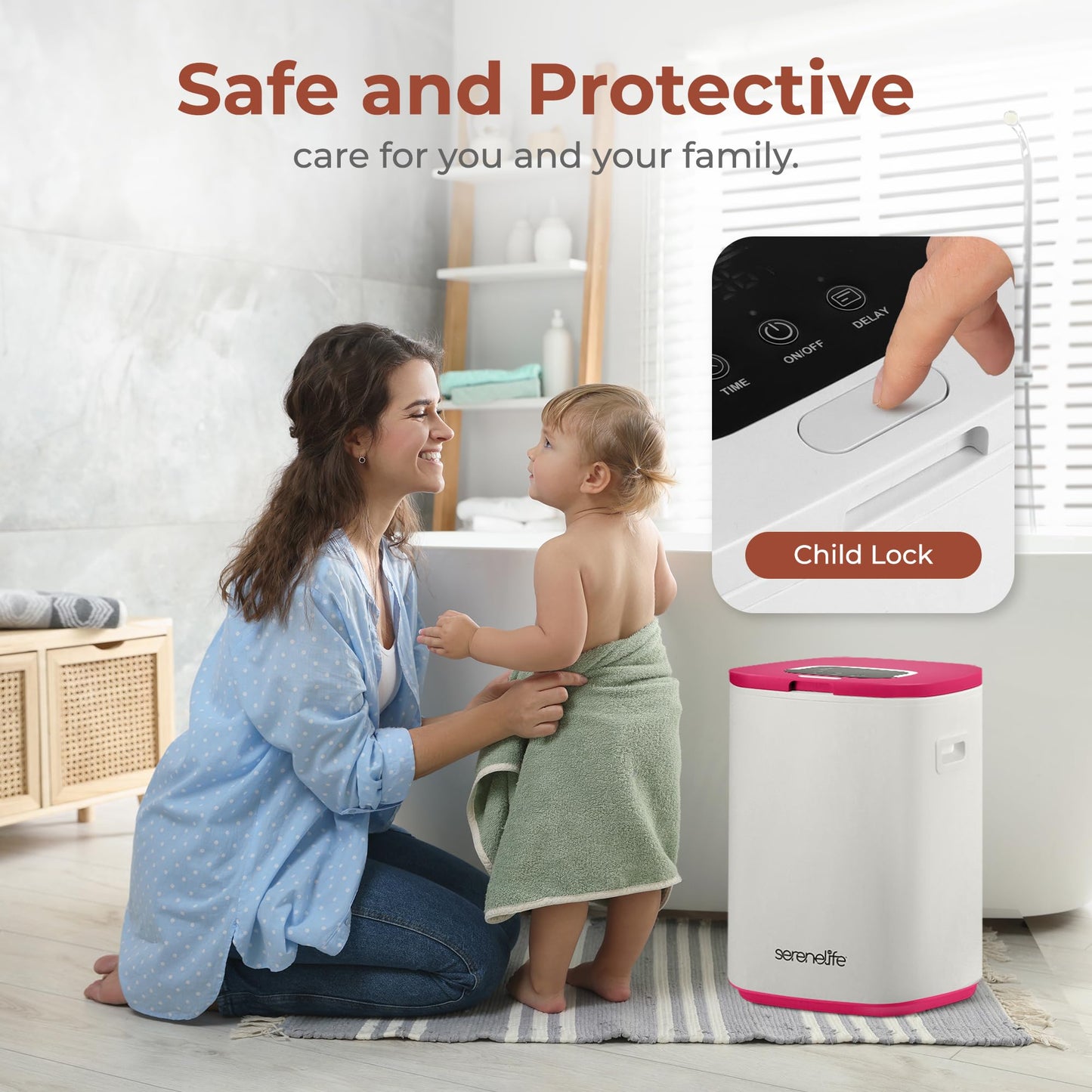 SereneLife SLTLWSQ80 Warmer-23L Capacity Bucket with Timer Function, Fits Up to Two Oversized Towels for Bathroom, Pink