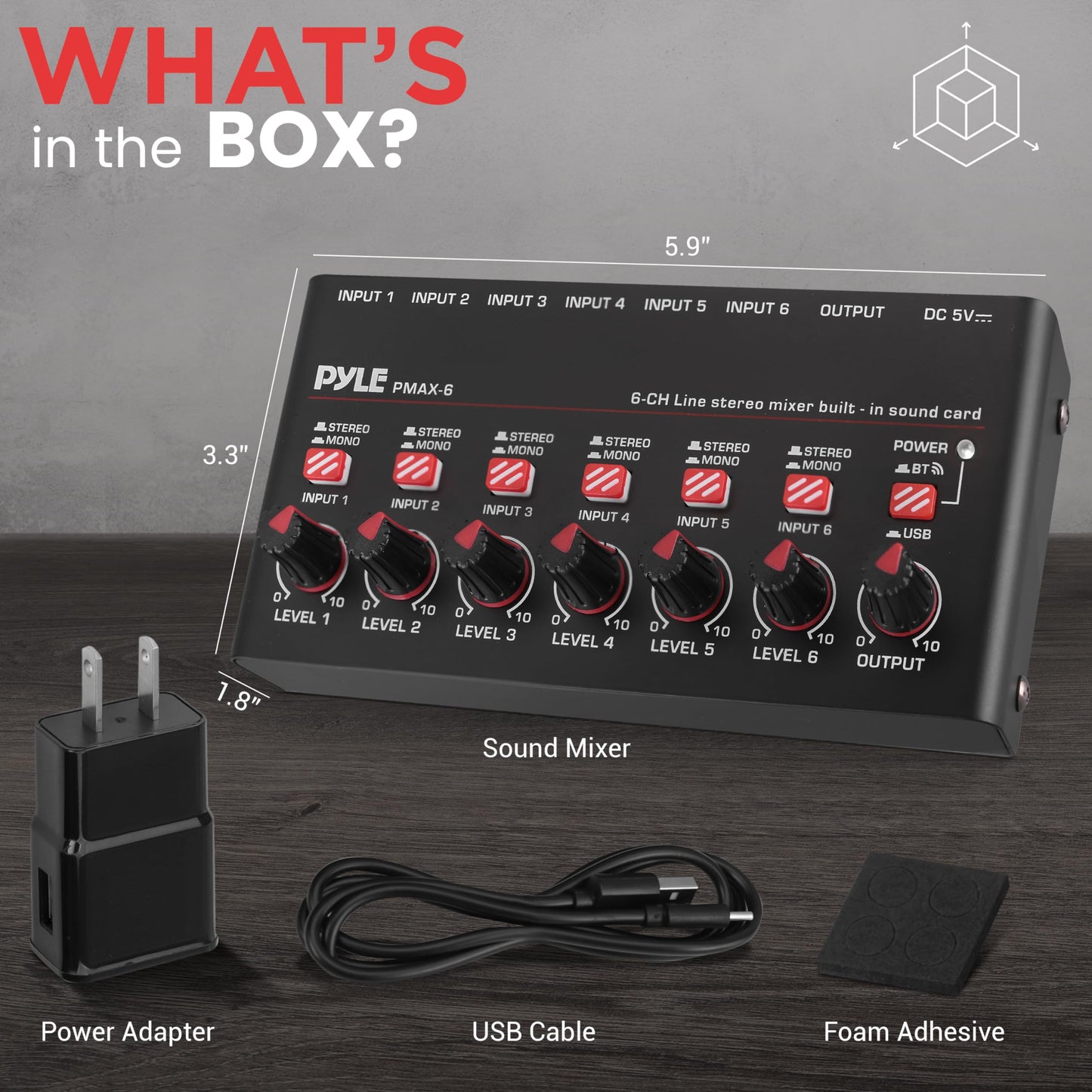 Pyle 6-Channel Wireless BT Streaming Mini Line Mixer with USB Audio Interface - 6 Mono/Stereo Switching Inputs | Ultra-low Noise Design with High Headroom | Built-in USB Sound Card - PMAX6
