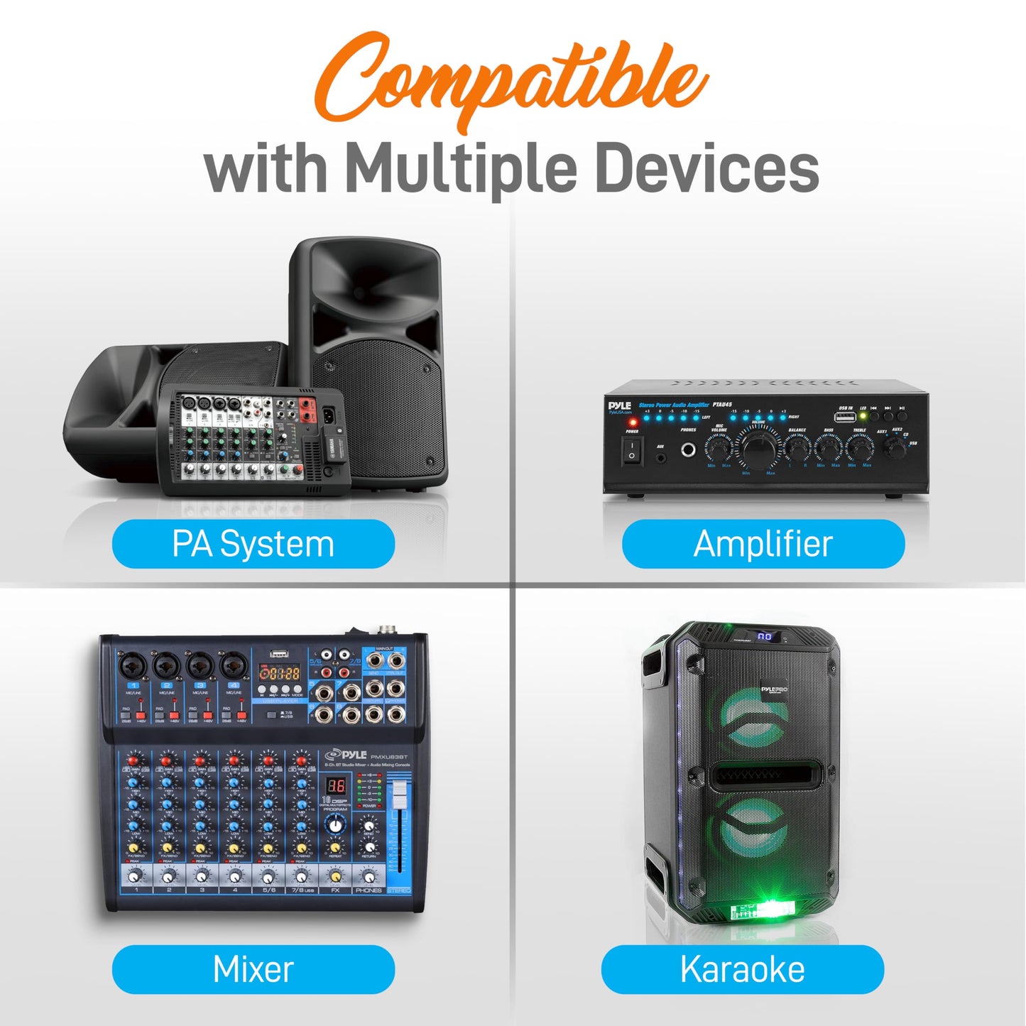 Pyle UHF Wireless Microphone System - PA Public Address Mic System with 4 Handheld Wireless Mics 50 Selectable UHF Channels, Bluetooth Music Streaming for Karaoke-Style Vocals, Battery-Operated