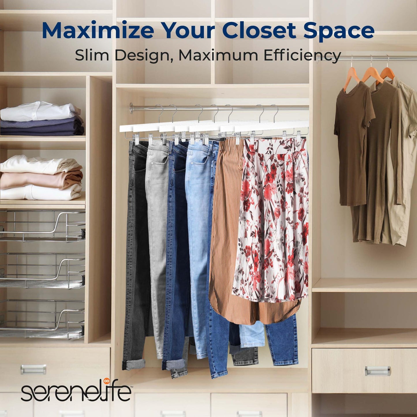 SereneLife 20 Pack Wooden Pants Hangers with Clips – White 14"x0.5"x6.7", Heavy Duty Skirt Hangers with Adjustable Non-Slip Steel Clips & 360° Swivel Hook for Jeans Slacks Shorts