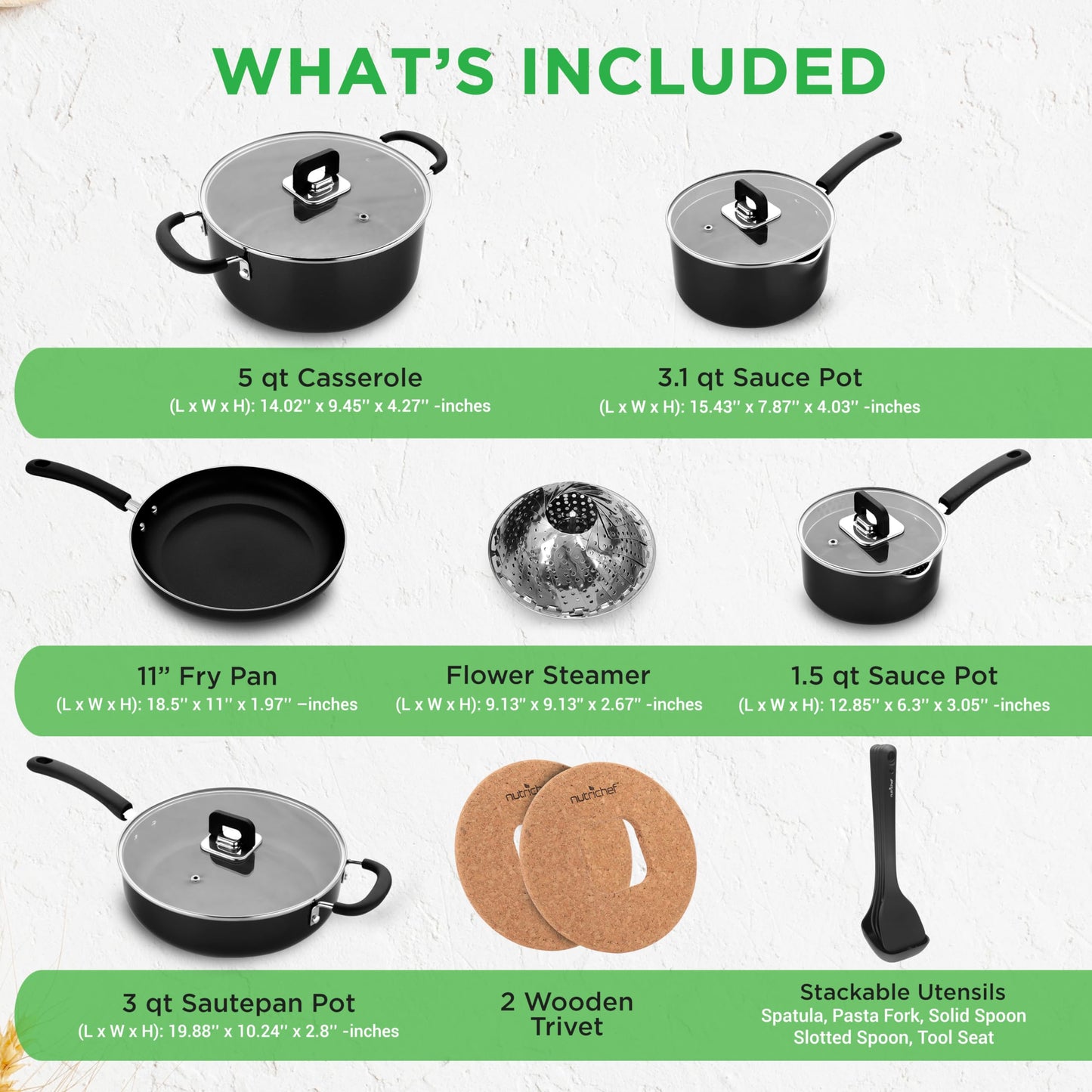 NutriChef 17-Piece Non-Stick Pans & Pots Set – Space-Saving, Induction-Compatible, Foldable Knob, Black Cookware with Heat-Resistant Utensils for Kitchen & RV