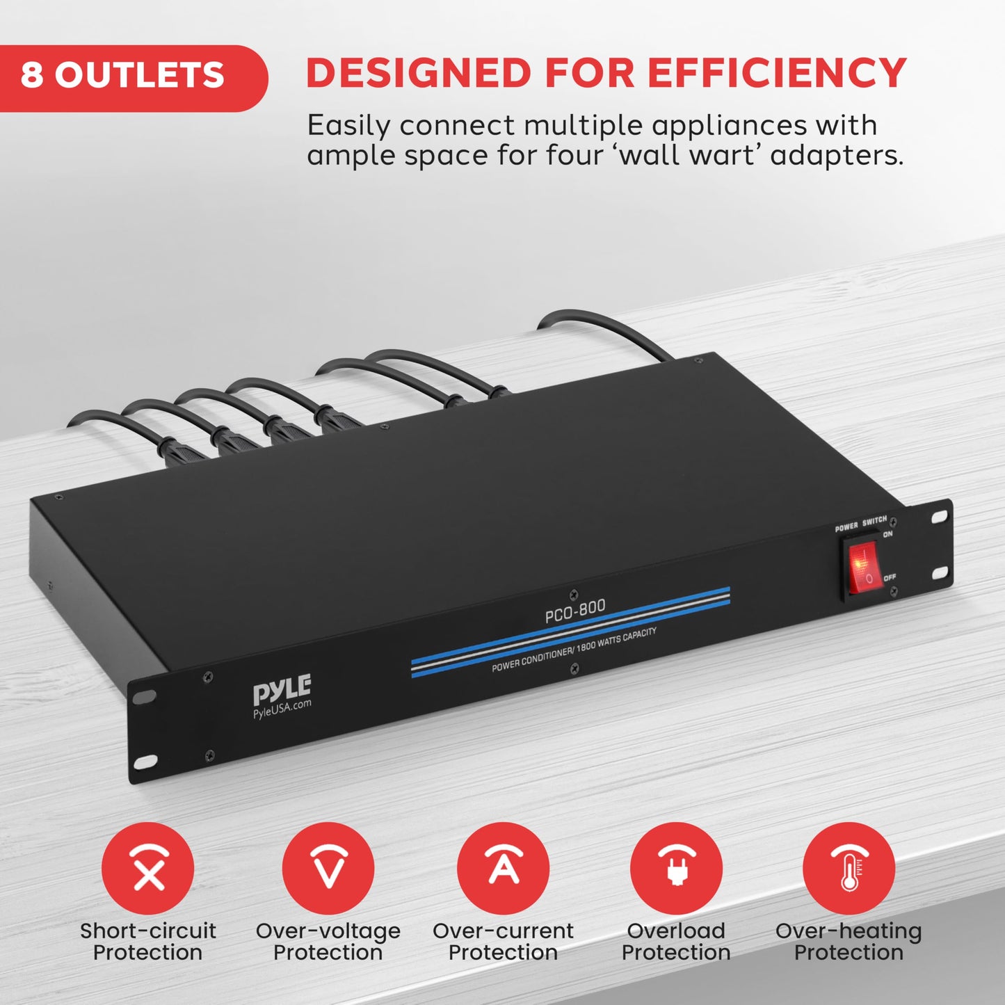 Pyle 1800W 8 Rack Mount Conditioner-15 Amp Surge Protector with Noise Suppression Rear Outlet for Multi Appliances-Triple Mode Protection-AC Power-for Home & Computer, Black (PCO800)
