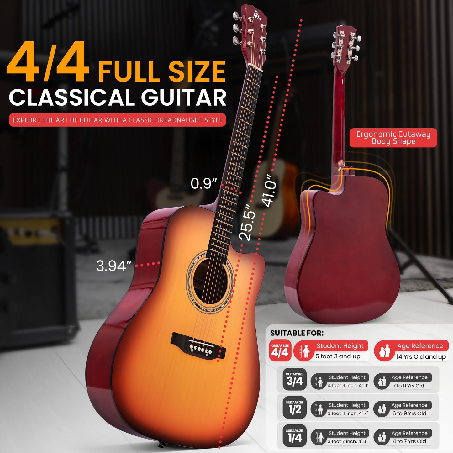 Pyle Steel String Acoustic Guitar Kit, 4/4 Full Size Cutaway All-Wood Guitarra Acustica with Premium Accessory Set and Upgraded Gig Bag, 41" Cherry Burst Glossy