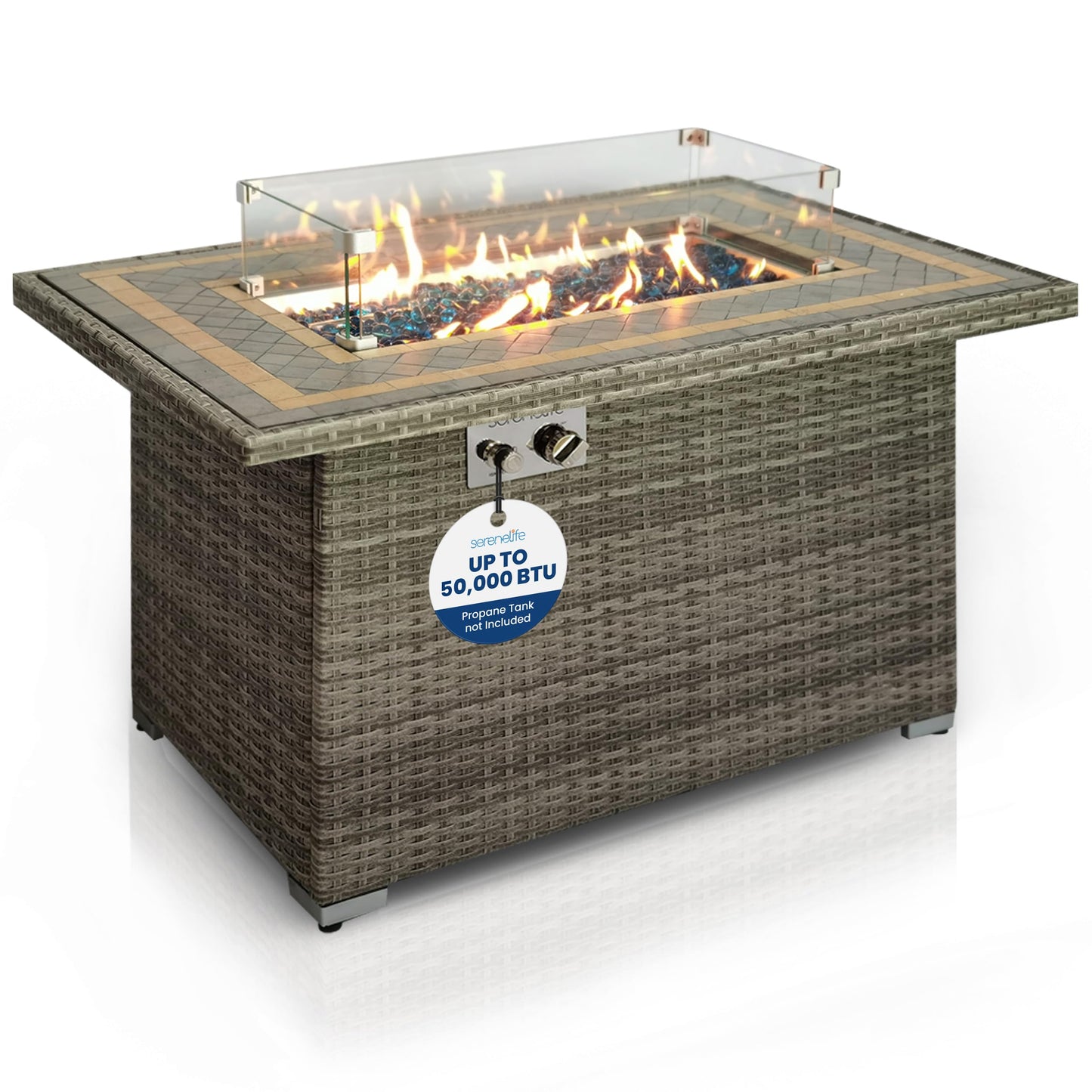 SereneLife Outdoor Propane Fire Pit Table- 50,000 BTU Auto-Ignition Gas Fire Pit w/Glass Wind Guard, Mosaic Tiles Tabletop & Clear Glass Rock for Outdoor Cooking & Grilling