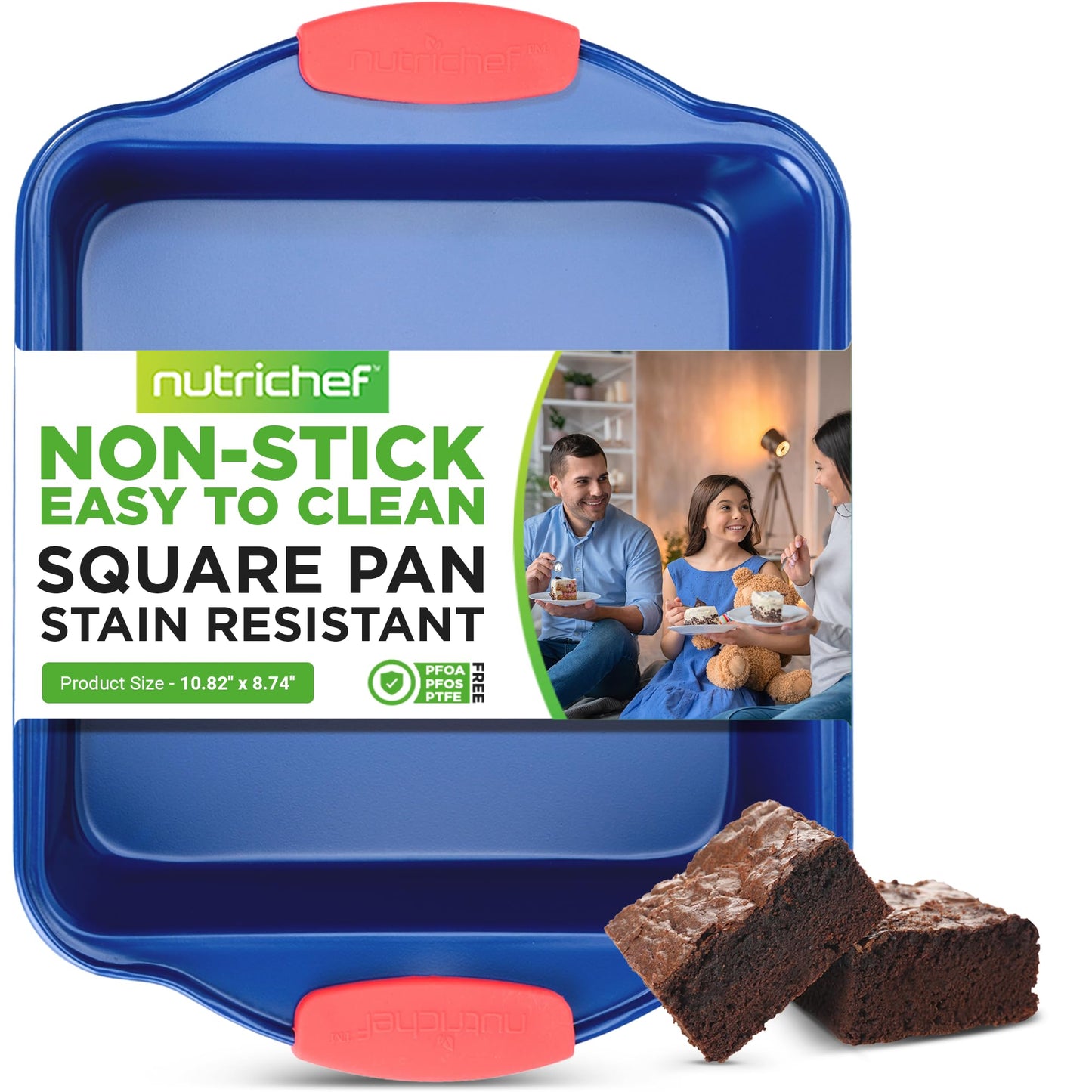 Jovial Non Stick Cake Square Pan, Deluxe Blue Carbon Steel Pan with Red Silicone Handles, Quality Metal Bakeware For Cooking & Baking Cake Loaf, Muffins & More, Compatible with Model NCSBSBL8