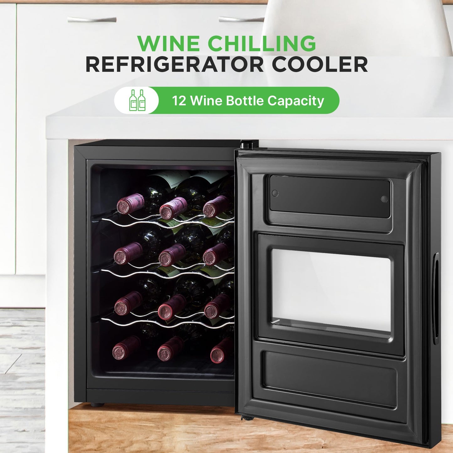 NutriChef PKCWC128 12 Bottle Slim Fridge | for Both Red & White Adjustable Temperature 41°F to 64°F | Ultra Quiet | Mini Wine Cooler for Home & Office | Free Standing 18x13x20 in | Black