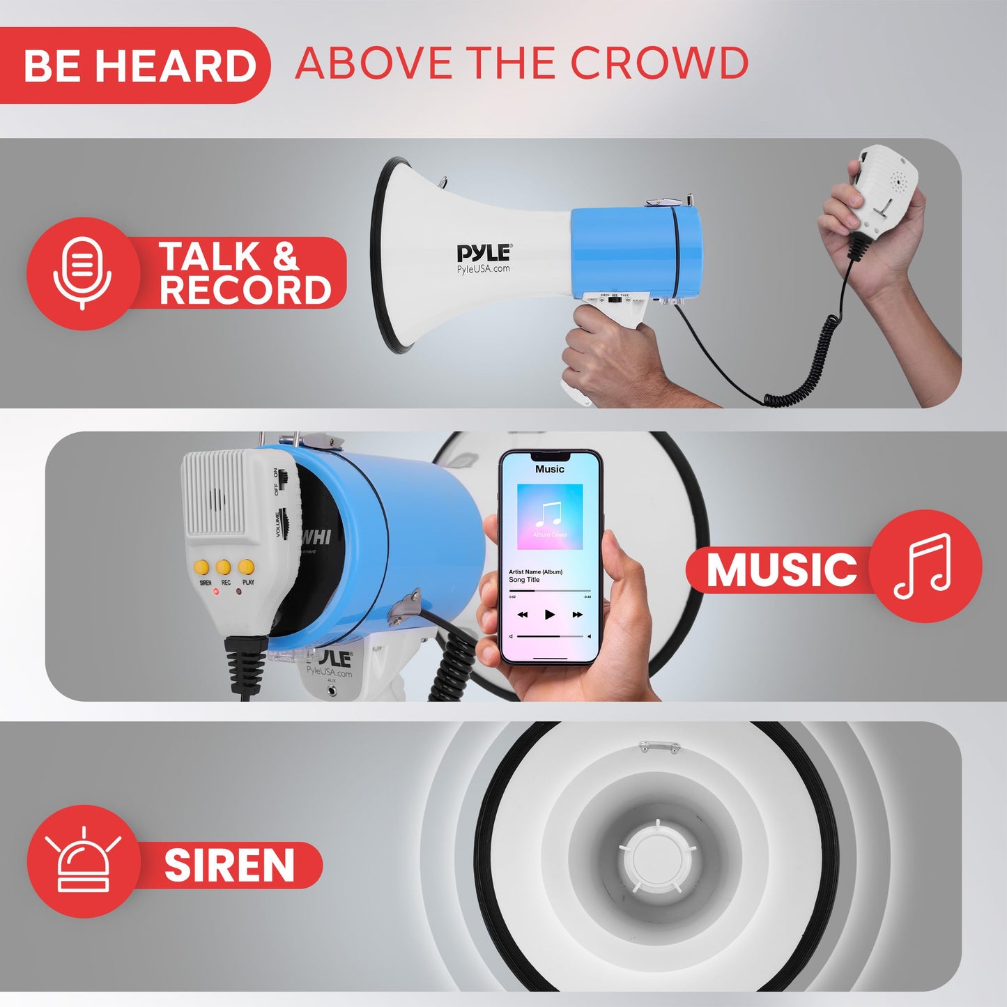 Pyle 50W Megaphone Bullhorn - Portable, Automatic Siren & Adjustable Volume,Projection Range Up to 1200 Square Yards, Aux Input, Talk, Siren, Music, Whistle, & Record, Shoulder Strap (White-Blue)