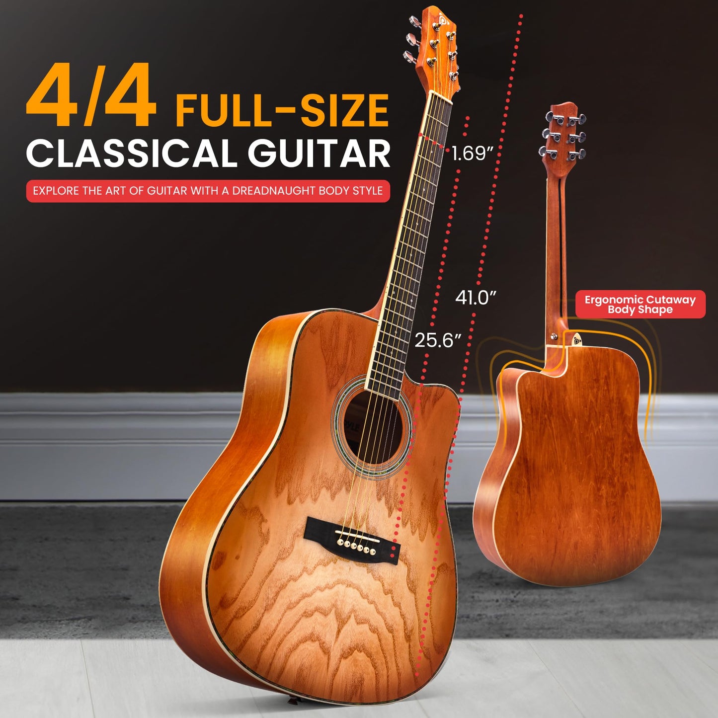 Pyle Steel String Acoustic Guitar Kit, 41" Full Size Cutaway with Ashtree Top, Open Pore Finish, Premium Accessory Set with Armored Gig Bag, Cherry Burst Matte