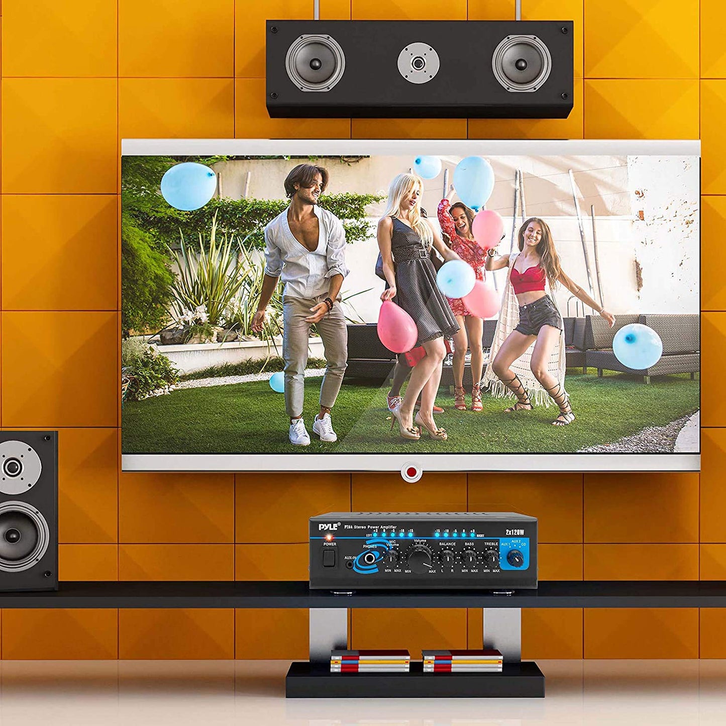 Pyle 2x120W Mini 2-Channe Home Audio Power Amplifier - Bluetooth 5.1 - Stereo Receiver with RCA/AUX/Mic Input - Headphone Jack - Pager/Mixing Modes - Bass/Treble EQ - For PA, Theater & Studio - PTA4