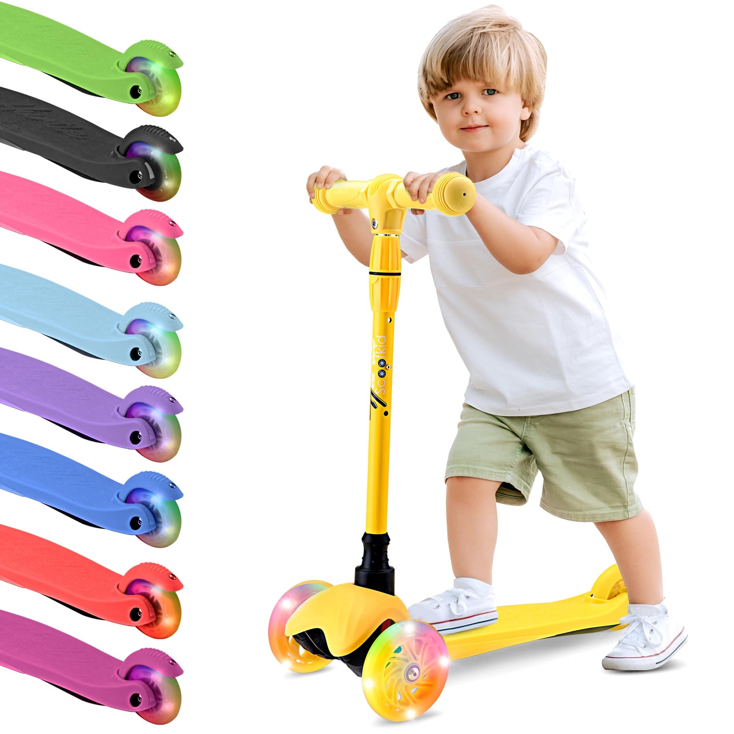 Hurtle Mini Kickboard Scooter for Kids - Height Adjustable 25''-28'', Lightweight 3-Wheel with LED Light-up Wheels, Anti-Slip,Indoor/Outdoor Fun, Micro Scooters for Ages 2-5 (Yellow)