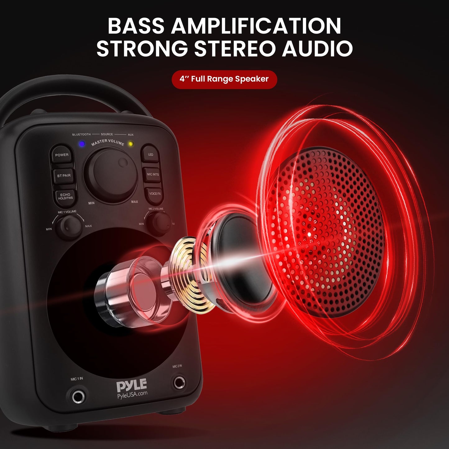 Pyle 4” Wireless BT Streaming Speaker - Portable Audio Speaker, with Two Microphones and Stand to Put Mobile Phone, 5.0 Bluetooth, Big Bass & Clear Sound, MP3, Classic Karaoke System
