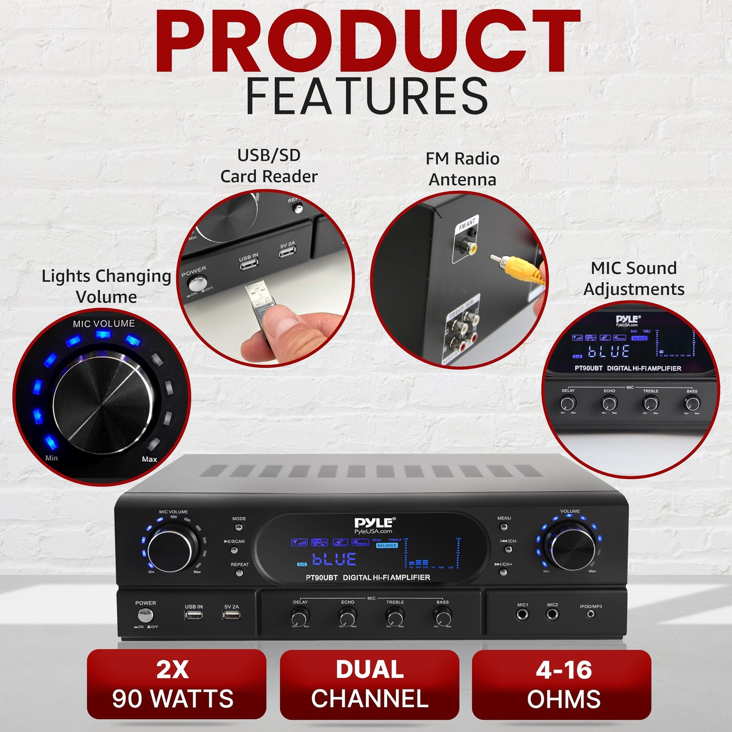 Pyle 500W 2-Channel Home Theater Amplifier Receiver - Bluetooth 5.3 - Wireless - MP3/USB/FM - 2 Mic Inputs with Echo/ Bass/ Treble Controls - RCA In/Out - for Streaming & Karaoke - PT90UBT