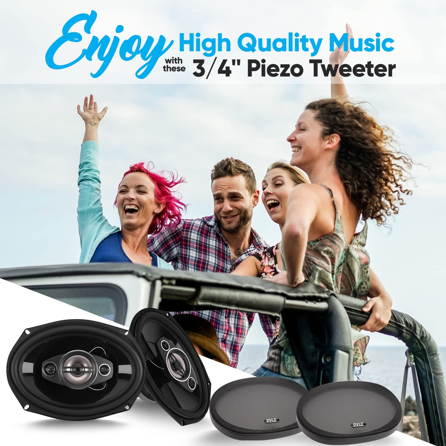 Pyle 6x9"/7x10" car Speakers 4-Way Quadriaxial Full Range Sound Audio - Butyl Rubber Surround, 500W w/ 4Ohm Impedance & 3/4'' Piezo Tweeters - Black Pair