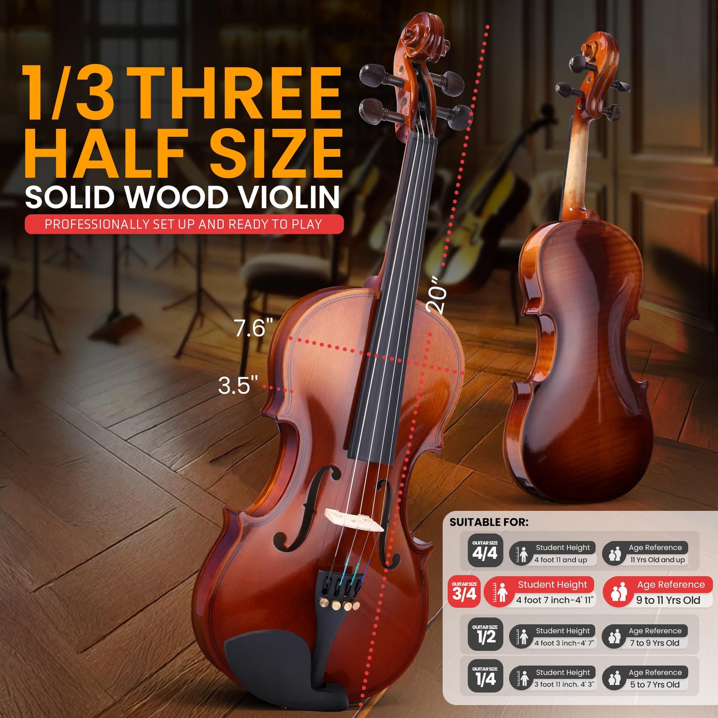 Pyle 3/4 Size Beginner Violin Starter Kit, Violin Starter Package with Travel Case & Bow, Extra Strings, Digital Tuner, Shoulder Rest & Cleaning Cloth for Students, Kids, Adults