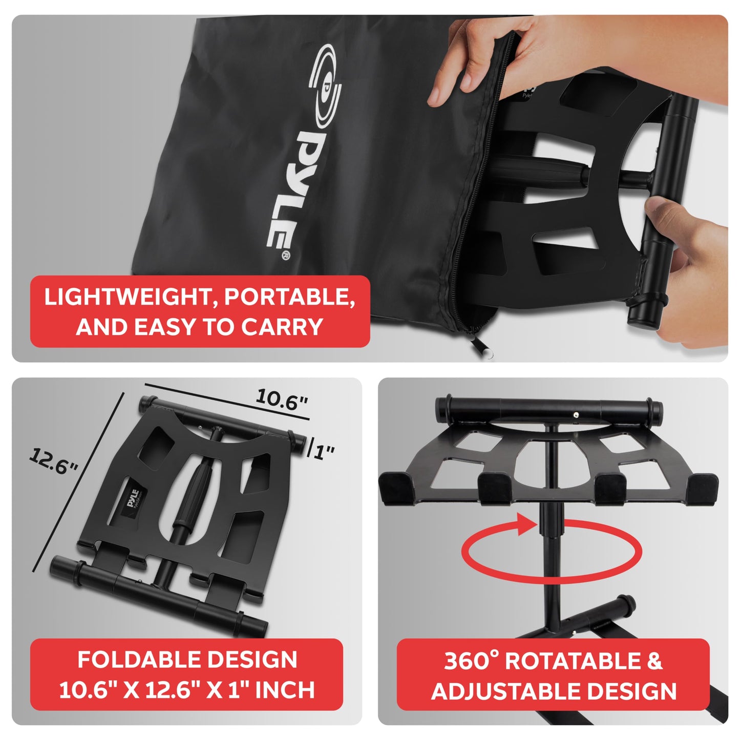 Pyle Portable Folding Laptop Stand - Standing Table with Adjustable Angle, Foldable Height and Four Prong Anti-Slip Tray for iPad, Tablet, DJ Mixer, Workstation, Gaming and Home Use - PLPTS55