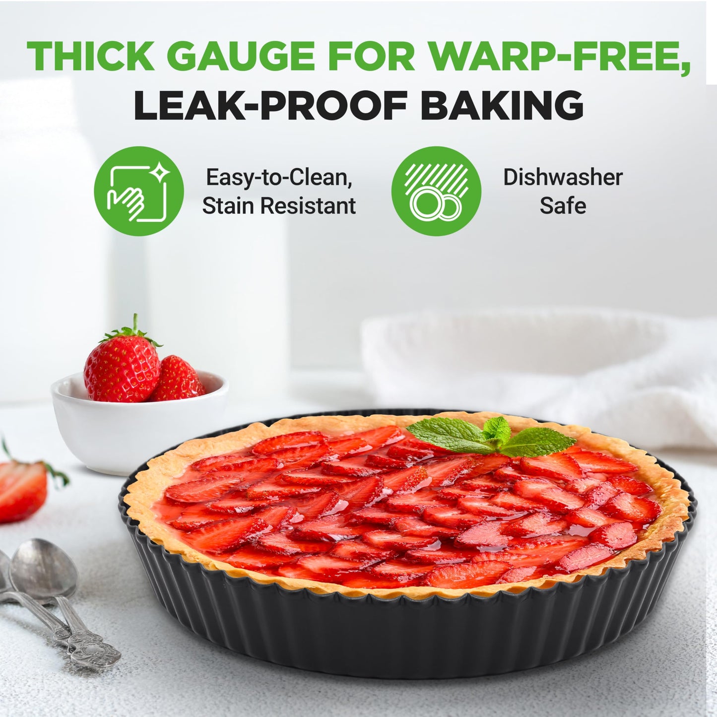 NutriChef 2 Round Tart Pans | 9 Inch Carbon Steel Tart Baking Trays with Removable Base | Nonstick & Even Heat Distribution | Includes 100 Parchment Papers | Height of 1 Inch | Black