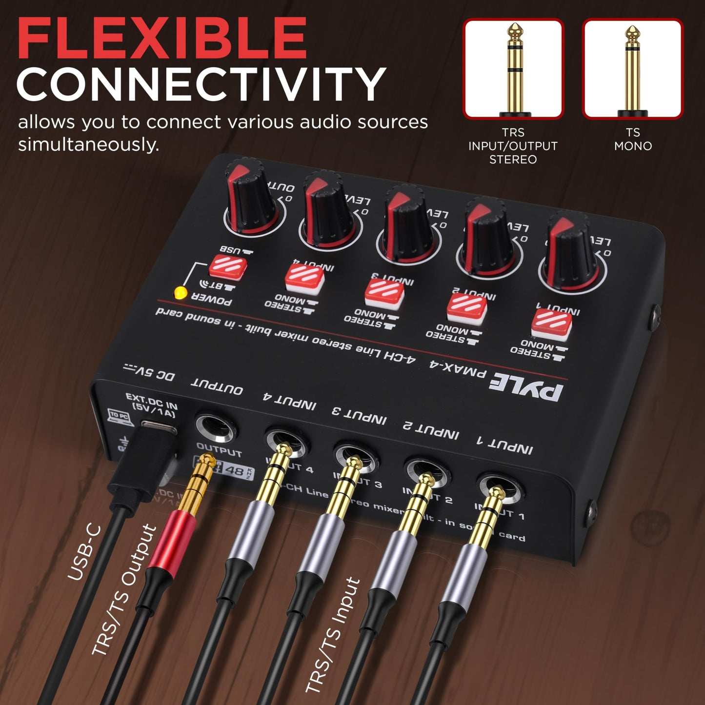 Pyle 4-Channel Wireless Bluetooth 5.0 Line Mixer - USB Audio Interface - 4 Mono/Stereo Inputs - Ultra-Low Noise - High Headroom - Built-in USB-C Sound Card - Compact Metal Chassis - PMAX4