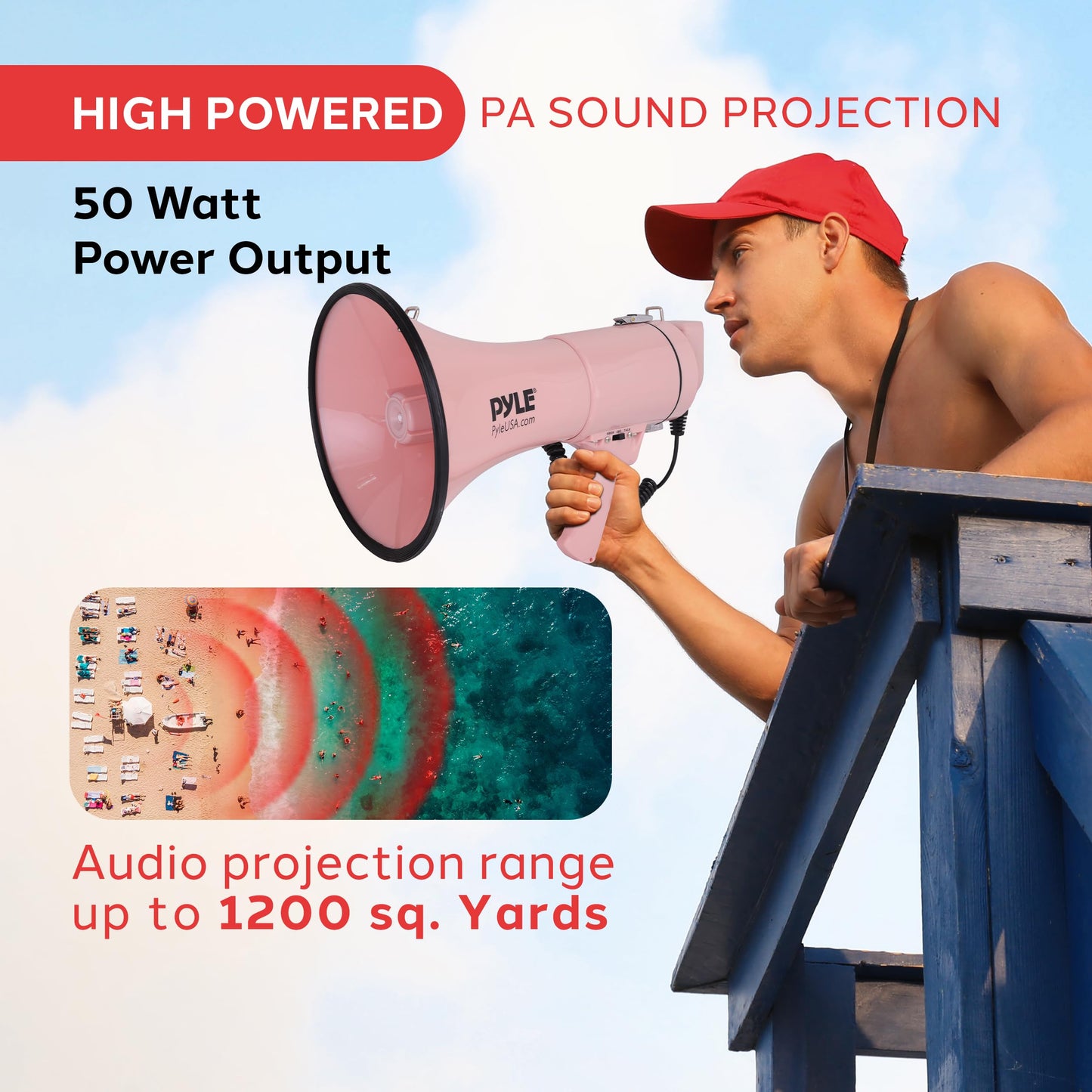 Pyle 50W Megaphone Bullhorn - Portable, Automatic Siren & Adjustable Volume,Projection Range Up to 1200 Square Yards, Aux Input, Talk, Siren, Music, Whistle, & Record, Shoulder Strap (Pink)