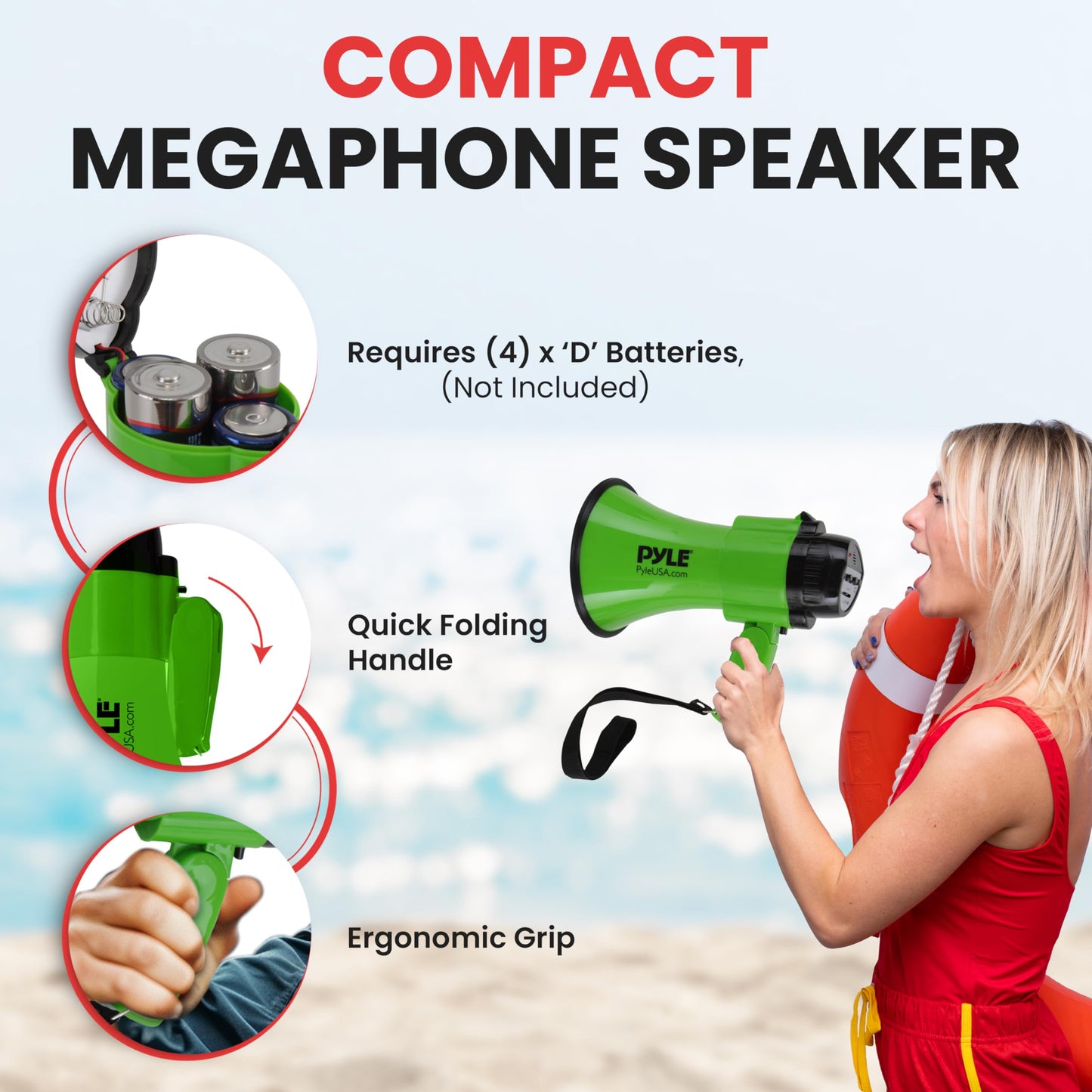 Pyle Compact Battery-Operated Megaphone with Siren - 30 Watt Power, Microphone, 2 Modes, PA Sound, Bullhorn, Foldable Handle for Cheerleading, Police Use (Green)
