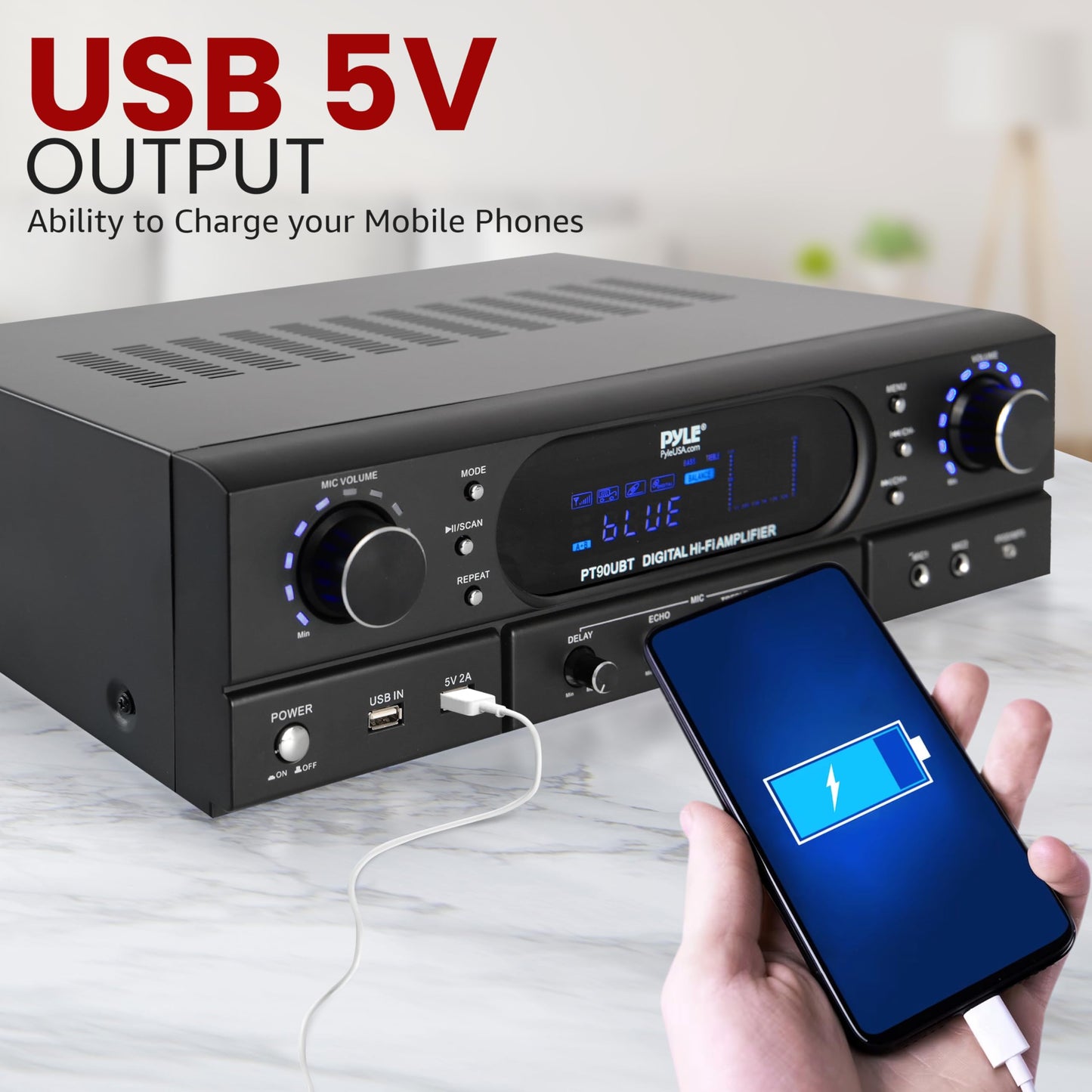 Pyle 500W 2-Channel Home Theater Amplifier Receiver - Bluetooth 5.3 - Wireless - MP3/USB/FM - 2 Mic Inputs with Echo/ Bass/ Treble Controls - RCA In/Out - for Streaming & Karaoke - PT90UBT