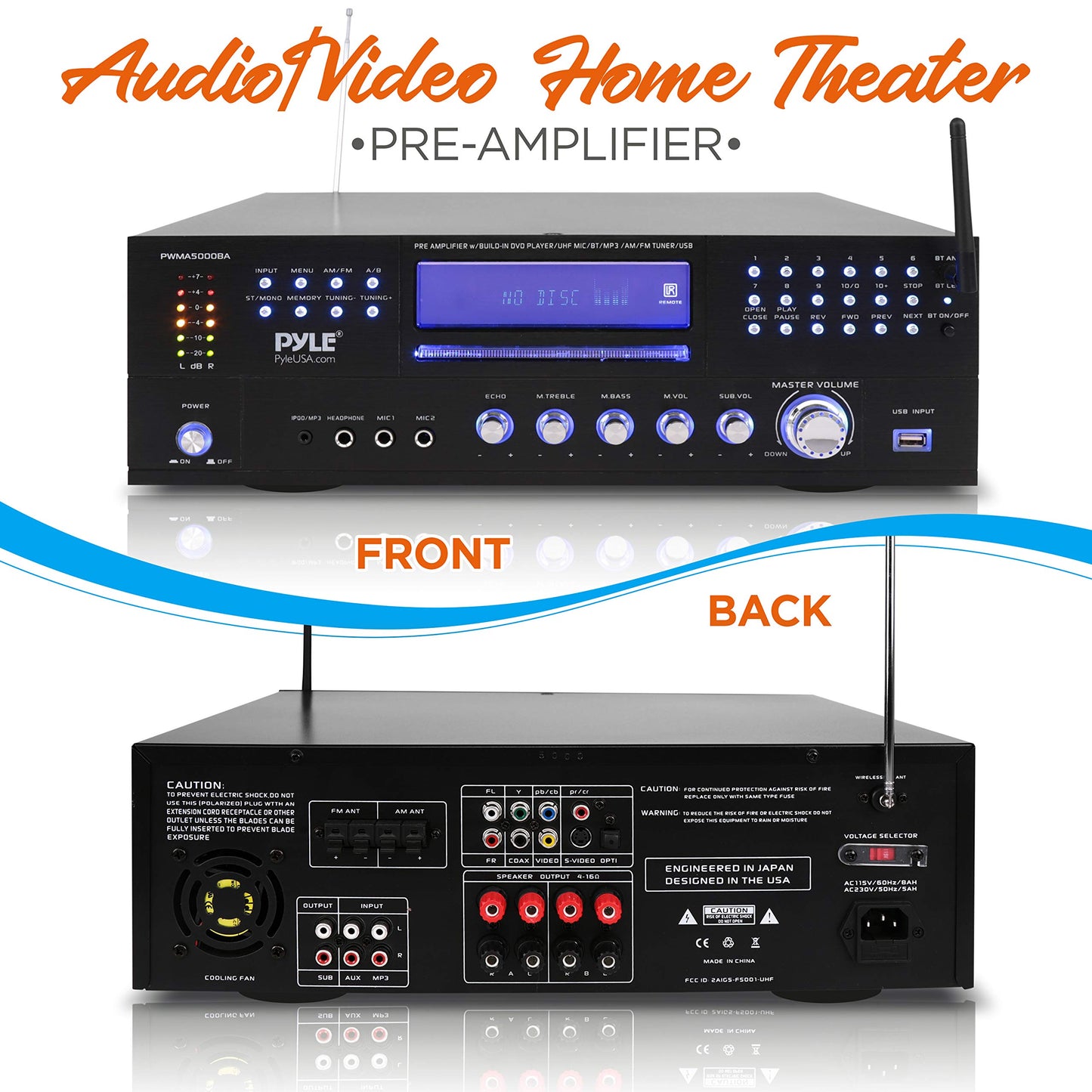 Pyle 4-Channel Karaoke Home Wireless Microphone Amplifier - Audio Stereo Receiver System, Built-In CD DVD Player, Dual UHF Wireless Mic/MP3/USB Reader, AM/FM Radio - PWMA5000BA