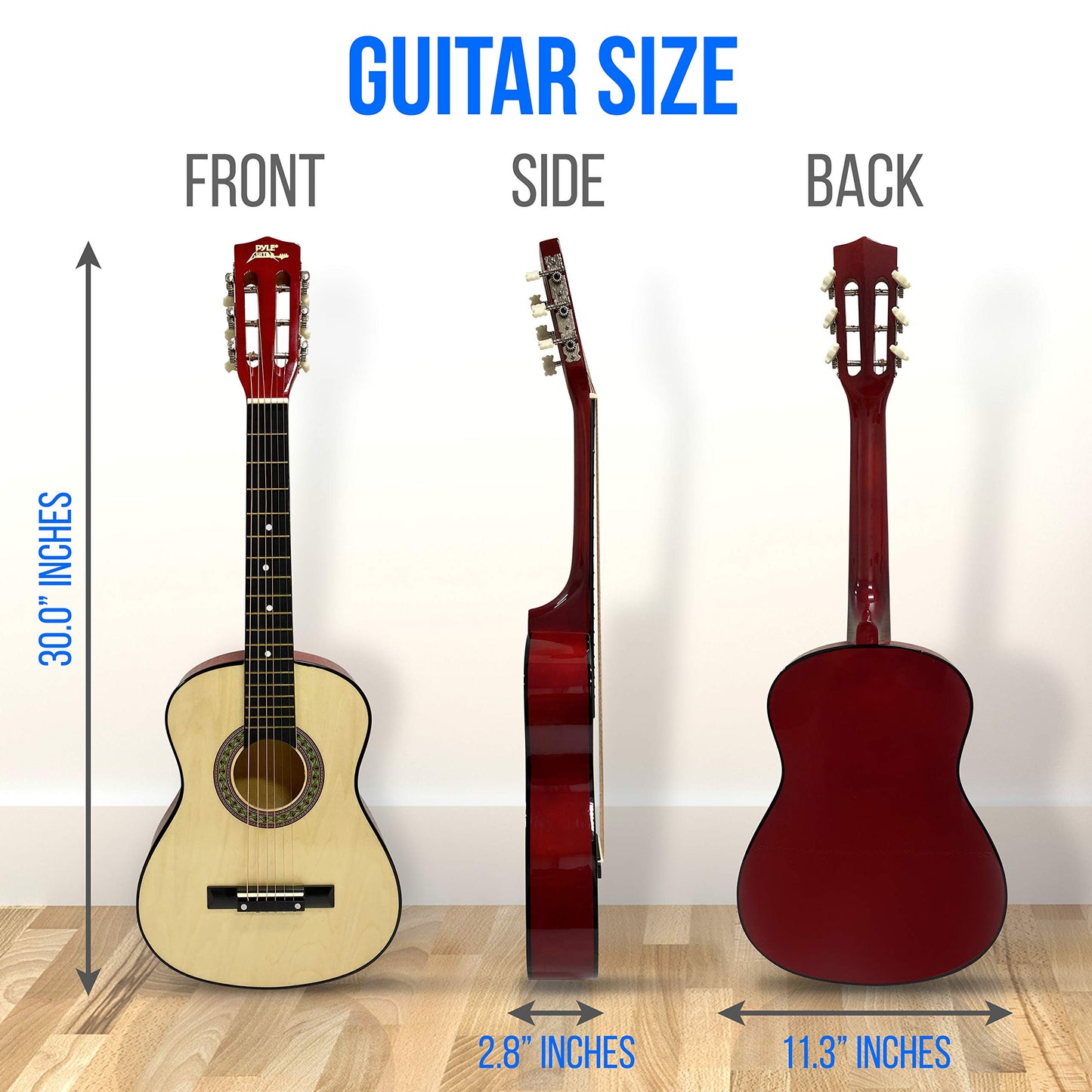 Pyle 30” Classical Acoustic 6 String Linden Traditional Style Guitar w/Wood Fretboard, Case Bag, Nylon Strap, Tuner, 3 Picks-for Beginner, Children Use, Right Handed, (PGAKT30)