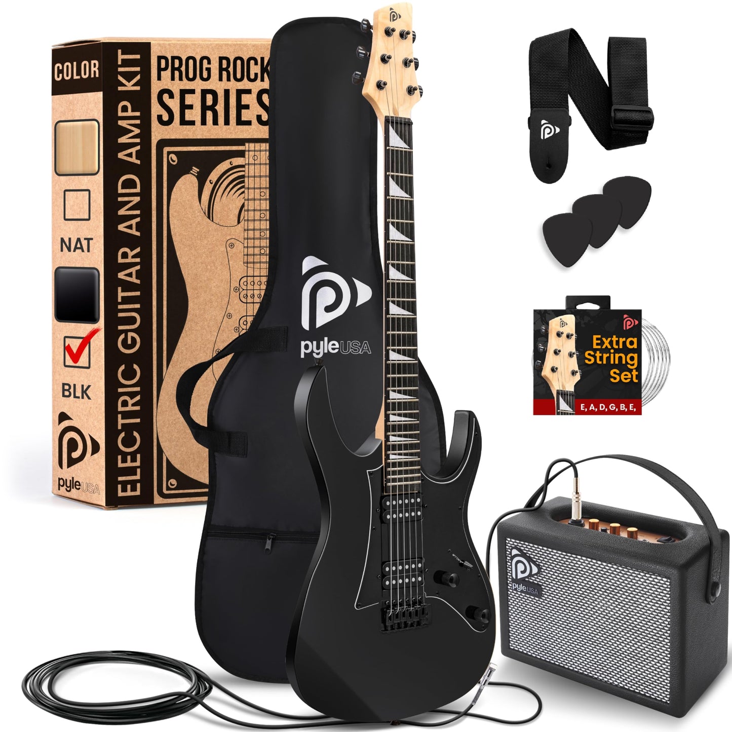 Pyle Prog Rock EG Series Electric Guitar with Amp Kit, 39" Full Size with Dual Humbucker Pickups, Low Profile Neck and Solid Paulownia Body, Premium Accessory Kit Included (Black Matte)