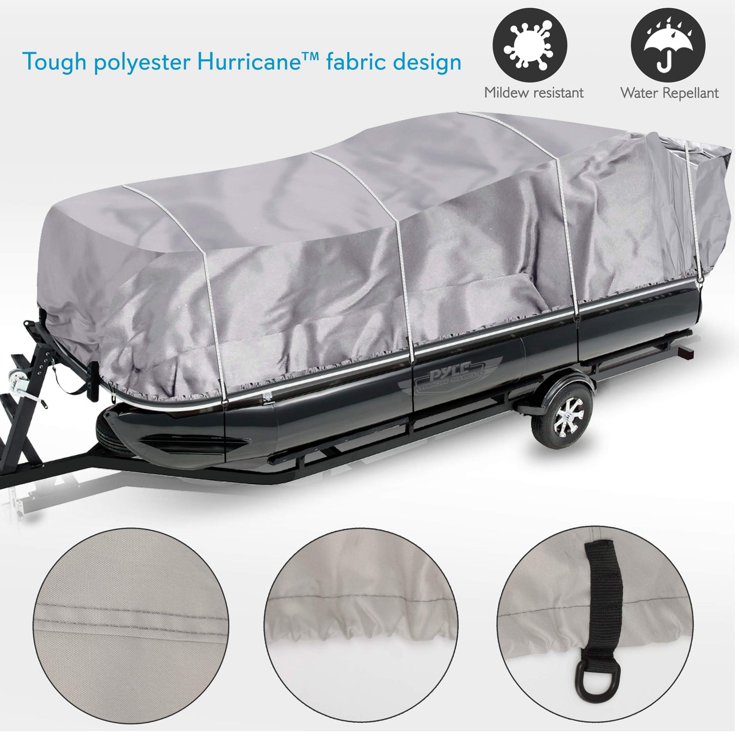 PYLE Boat Cover, Boat, Boat Covers, Heavy Duty Trailerable Waterproof Marine Grade Polyester, Fits Pontoon/Deck Boats 21-24 ft, Beam Width up to 94", Includes Storage Bag, Gray, 300D PU Coated
