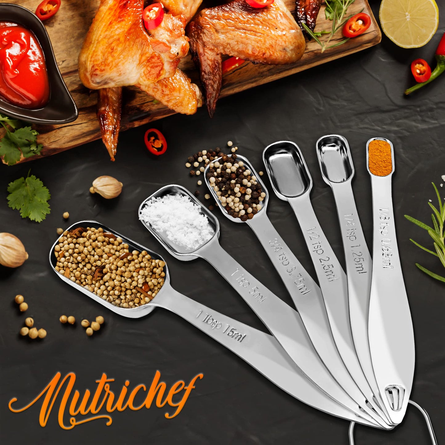 NutriChef Stainless Steel Measuring Spoons Set - 6Pc Heavy Duty Oval Shaped Metal Measuring Spoon for Dry or Liquid Ingredients, Teaspoon and Tablespoon Set w/ Metric & US Measurement - NCMMS6