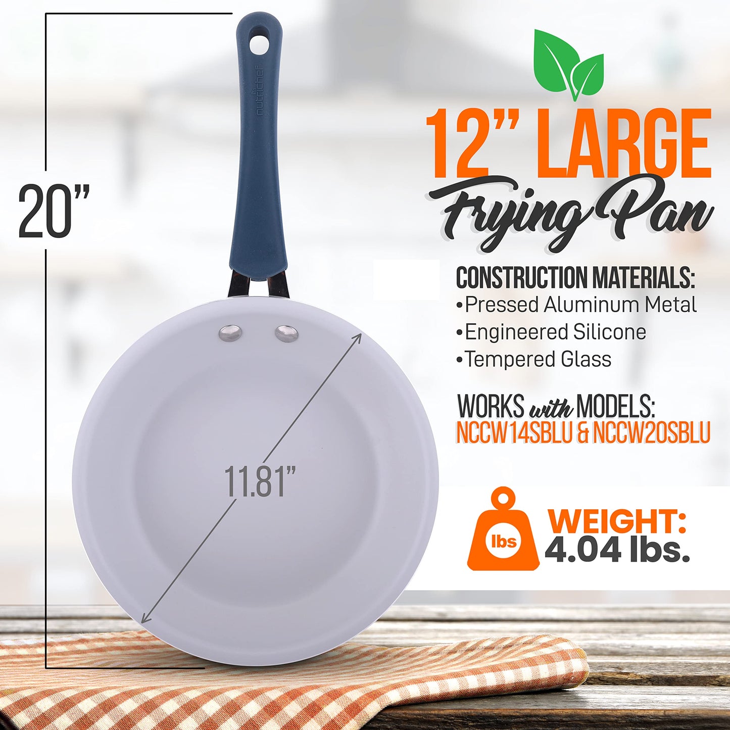 NutriChef 12'' Large Fry Pan - Non-Stick High-Qualified Kitchen Cookware, Heat Resistant Lacquer Outside, (Works with Models: NCCW14SBLU & NCCW20SBLU) - NCCW14SBLULFP