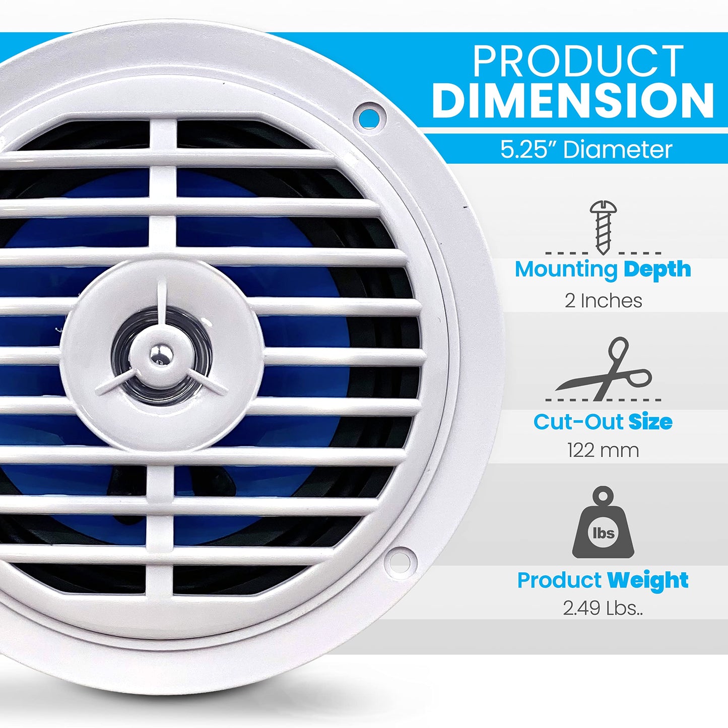 Pyle 5.25 Inch Dual Marine Speakers - 2 Way Waterproof and Weather Resistant Outdoor Audio Stereo Sound System with 100 Watt Power, Polypropylene Cone and Cloth Surround - 1 Pair - PLMR57W (White)