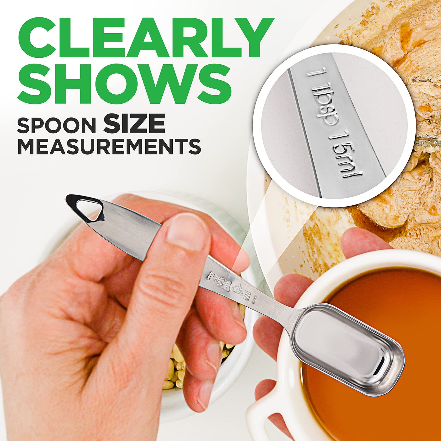 NutriChef Stainless Steel Measuring Spoons Set - 6Pc Heavy Duty Oval Shaped Metal Measuring Spoon for Dry or Liquid Ingredients, Teaspoon and Tablespoon Set w/ Metric & US Measurement - NCMMS6
