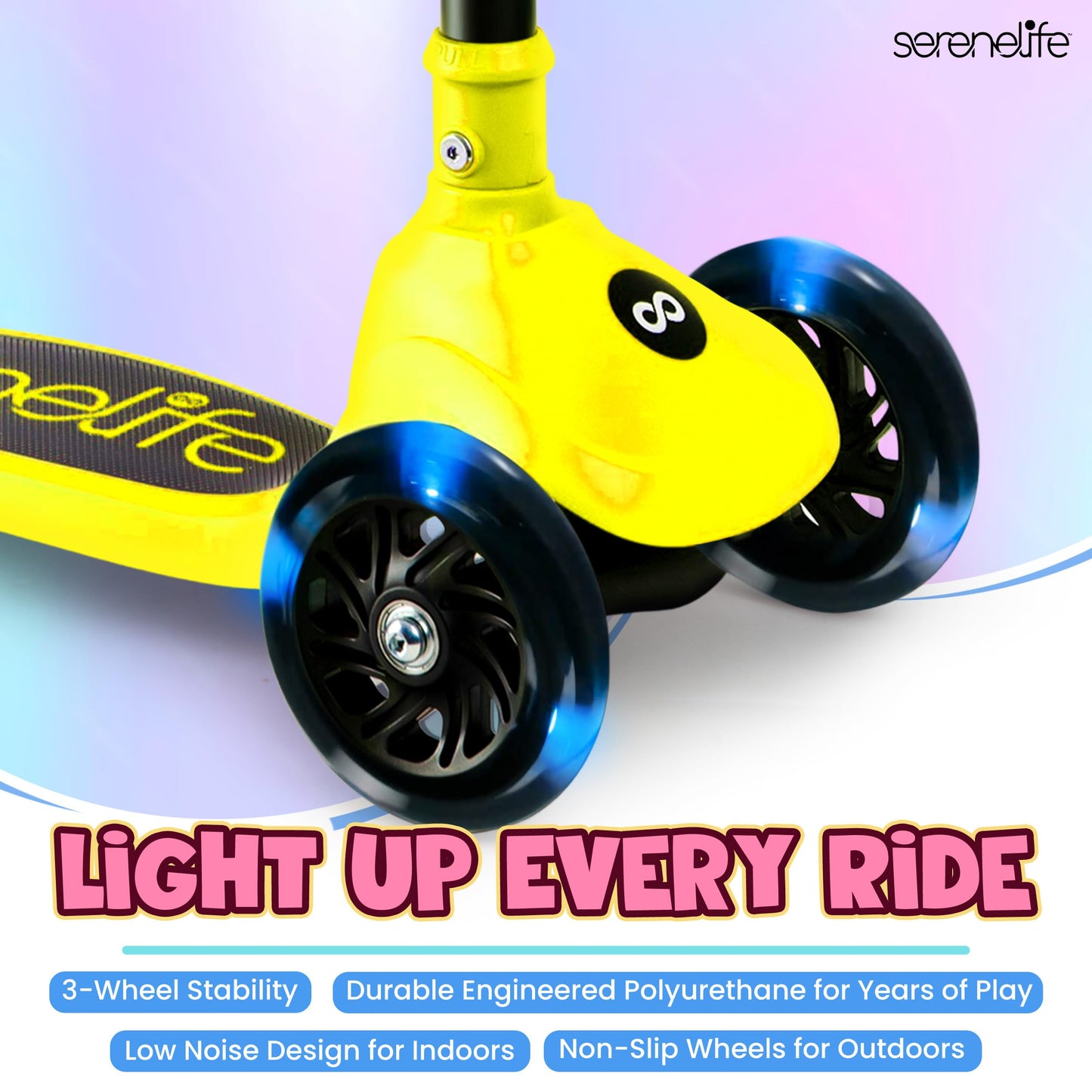 SereneLife 3-Wheel Foldable Kids Scooter – LED Wheel Lights, Adjustable Handlebar, Rear Foot Brake, Lean-to-Steer, Anti-Slip Deck – Ideal for Toddlers & Kids 3+, up to 110 lbs