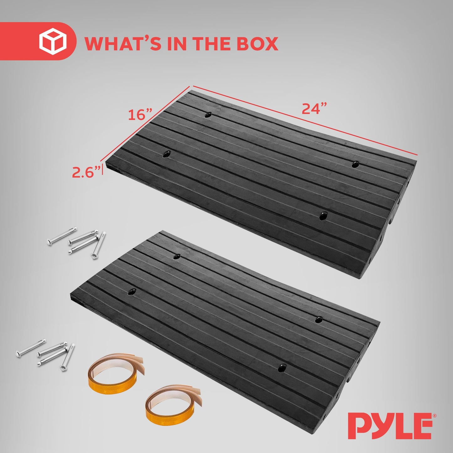 Pyle 2 Ft. Rubber Threshold Curb-Side Ramp - Yellow Reflective Lighting Strip, Pack of 2 Non-Slip Driveway Ramps for Vehicles and Wheelchairs 24.0’’x 16.0’’ x 2.6’’ inches, Expansion Screws Included
