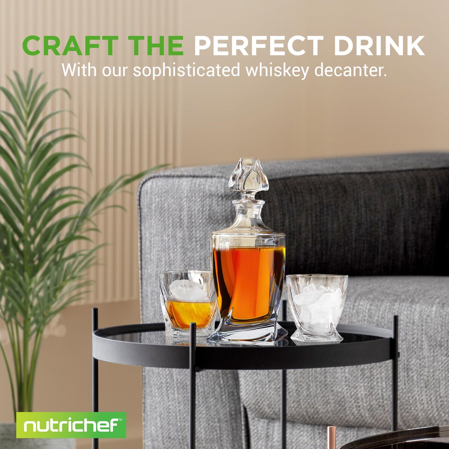 NutriChef Kitchen Whiskey Decanter, Crystal Glass, BPA Free, 750ml Capacity, Thick Bottom, Classic Design, Enhances Taste, Environmentally Friendly, Easy-to-Clean, Set Includes Decanter