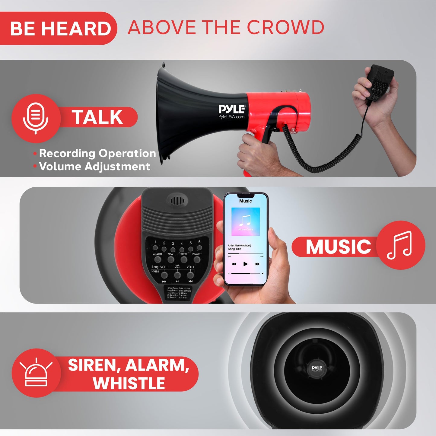 Pyle Portable Megaphone Bullhorn - Bluetooth Compatible PA Speaker with Built-in Voice Changer, 1500 Yard Range, Siren, 100W Adjustable Vol Control, Loudspeaker for Outdoor Sports & Safety Drills