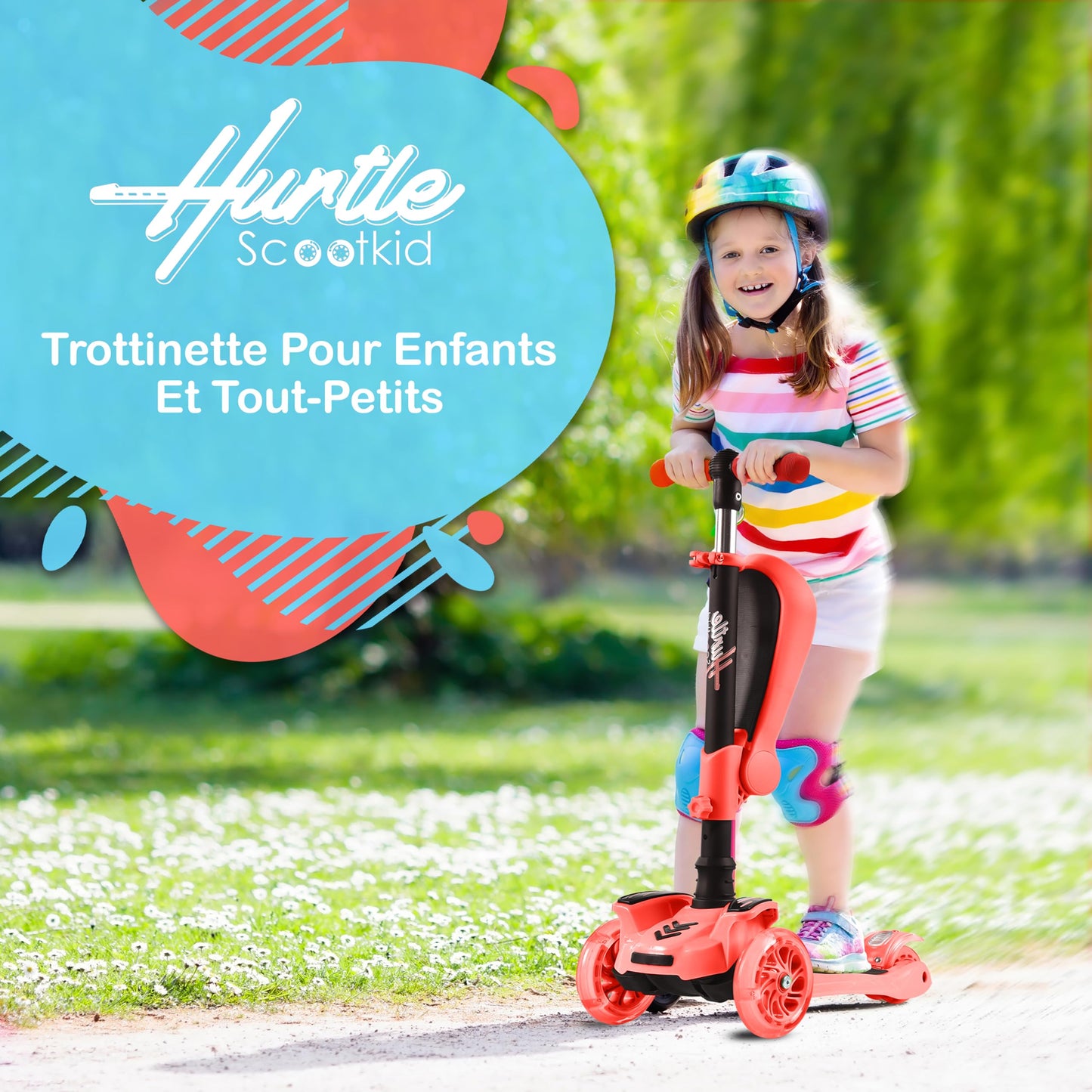 Hurtle 6 Wheeled Scooter for Kids - Stand & Cruise Child/Toddlers Toy Folding Kick Scooters w/Adjustable Height, Anti-Slip Deck, Flashing Wheel Lights, for Boys/Girls 2-12 Year Old - Hurtle