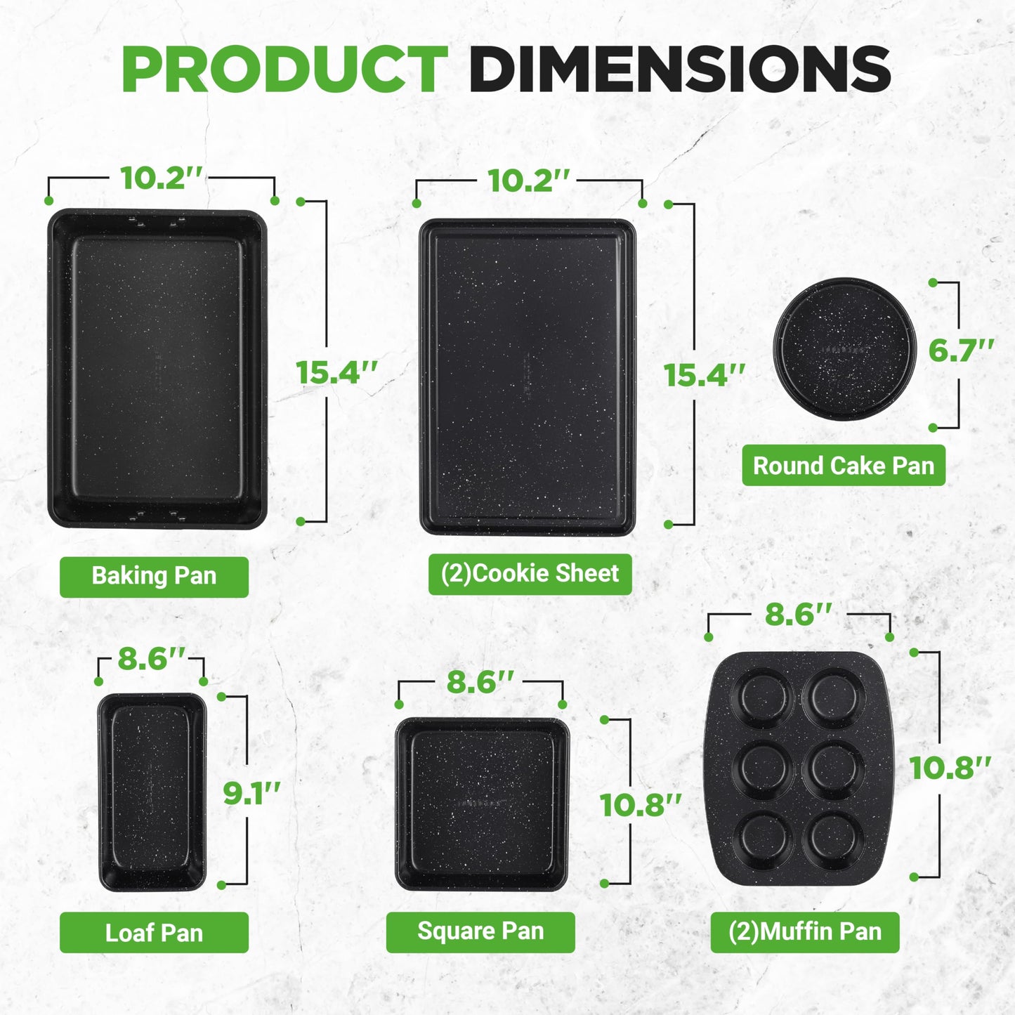 NutriChef 8-Piece Stackable Bakeware Set | Carbon Steel Non-Stick Baking Pan Set | Includes Sheet, Muffin, Round, Loaf, Square Cake & Deep Pans | No PFOA & PFOS | Oven Safe to 450 F (Black Marble)