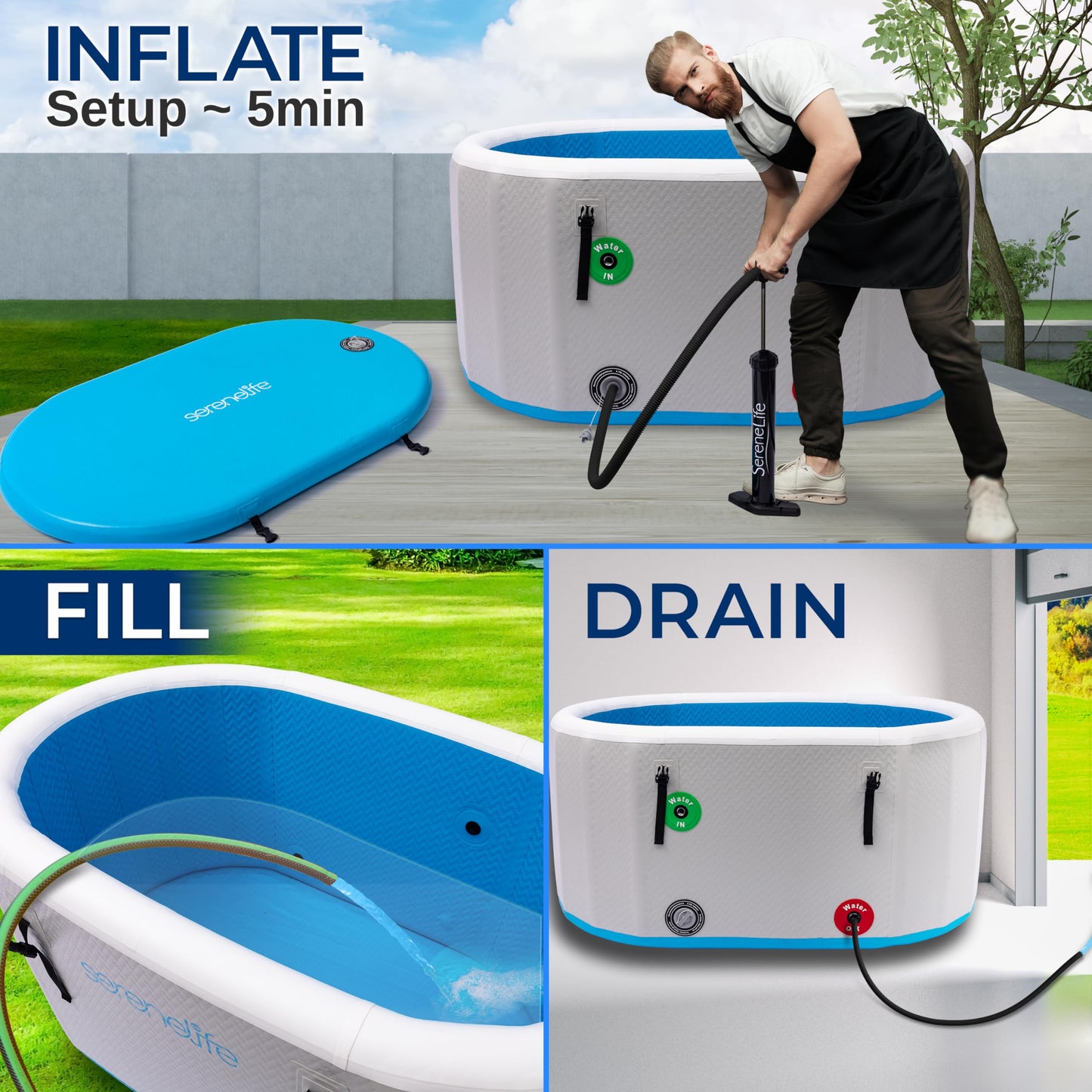 SereneLife Inflatable Cold Plunge Tub Ice Bath, 105 Gal One Person Ice Bath Tub with Lid, Drop Stitch PVC, Double Layer Seals, Heavy Duty Cold Plunge Therapy Recovery Pod for Athletes