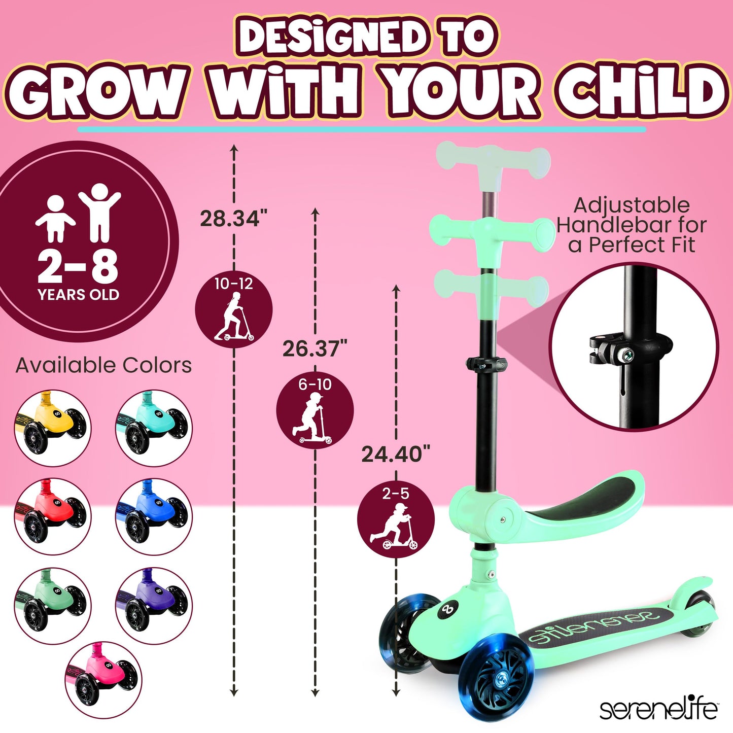 SereneLife 3 Wheel Foldable Kids Scooter - Foldable Seat, LED Wheel Lights, Adjustable Handlebar, Rear Foot Brake, Lean-to-Steer, Anti-Slip Deck, Ideal for Toddlers Kids 3+, up to 110Lbs, Mint Green