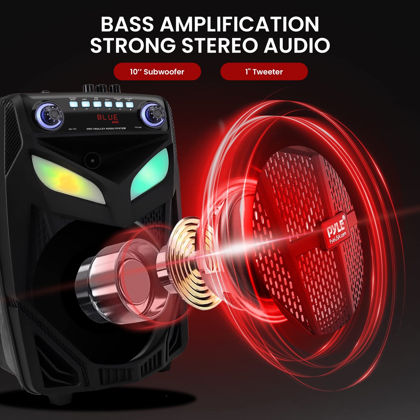 Pyle Portable Bluetooth PA Speaker System-600W 10” Indoor/Outdoor BT Speaker-Includes 2 Wireless Microphones, Party Lights, USB SD Card Reader, FM Radio, Rolling Wheels-Remote Control PPHP101WMB