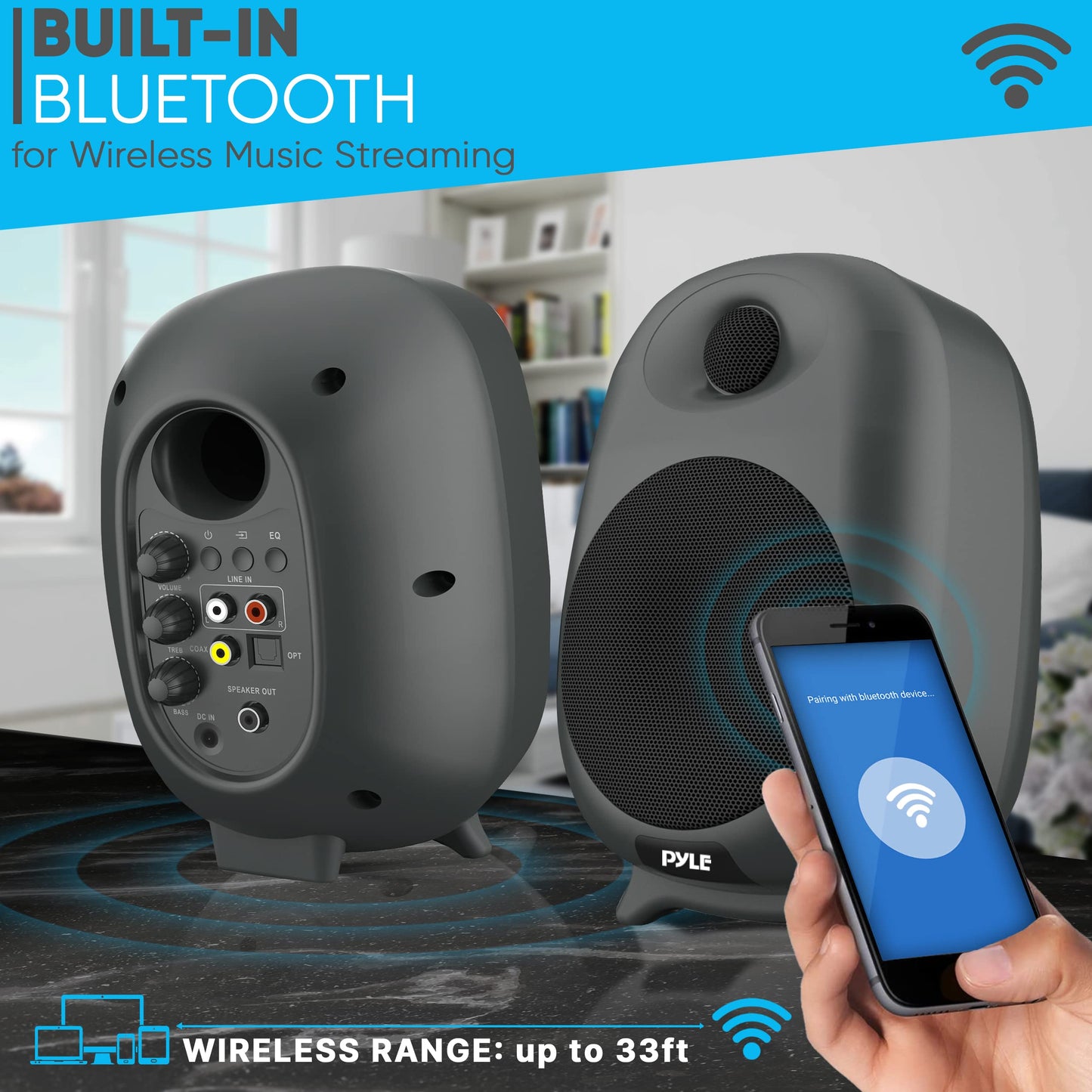 PyleUsa HiFi 60W Powered Bluetooth Bookshelf Monitor Speaker Set, Optical RCA Input, Bass/Treble Adjustable,Deep Bass, 3 Audio Mode,Studio Computer Desk Stereo System,Remote Control,Black - PBKSR40