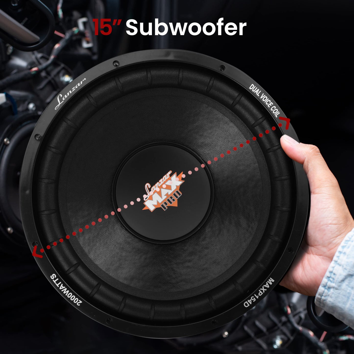 Lanzar 15in Car Subwoofer Speaker - Black Non-Pressed Paper Cone, Stamped Plastic Basket, Dual 4 Ohm Impedance, 2000 Watt Power and Foam Edge Suspension for Vehicle Audio Stereo Sound System - MAXP154D