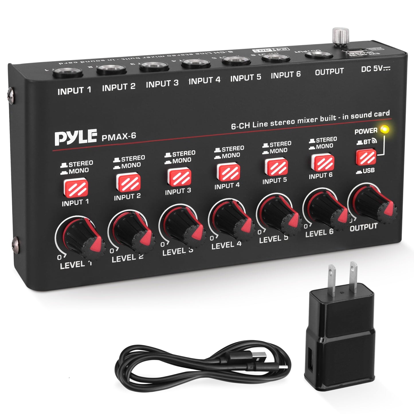 Pyle 6-Channel Wireless BT Streaming Mini Line Mixer with USB Audio Interface - 6 Mono/Stereo Switching Inputs | Ultra-low Noise Design with High Headroom | Built-in USB Sound Card - PMAX6