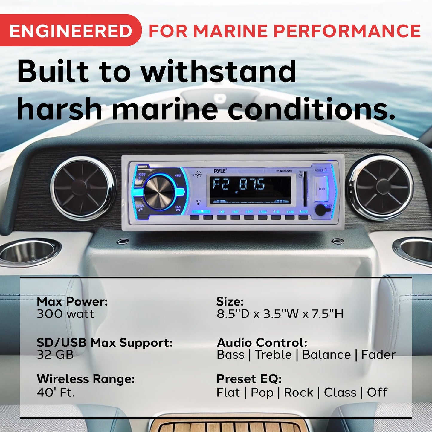 Pyle Marine Bluetooth Stereo Radio - 12V Single DIN In-Dash Receiver for Boat Audio with Built-In Mic - Digital LCD - MP3/USB/SD Playback - AM/FM Radio - RCA Output - Remote Control - PLMRB29W