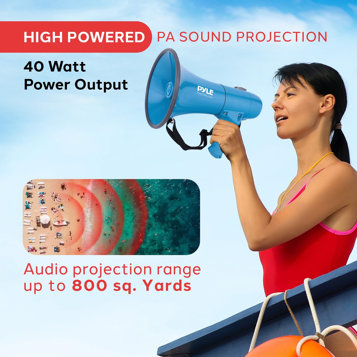 Pyle 40W Megaphone Siren Bullhorn Speaker, Rechargable, Portable and Lightweight Automatic Bullhorn for Indoor & Outdoor Use, 800 Square Yards Projection Range, Used as Siren/Music (Blue)